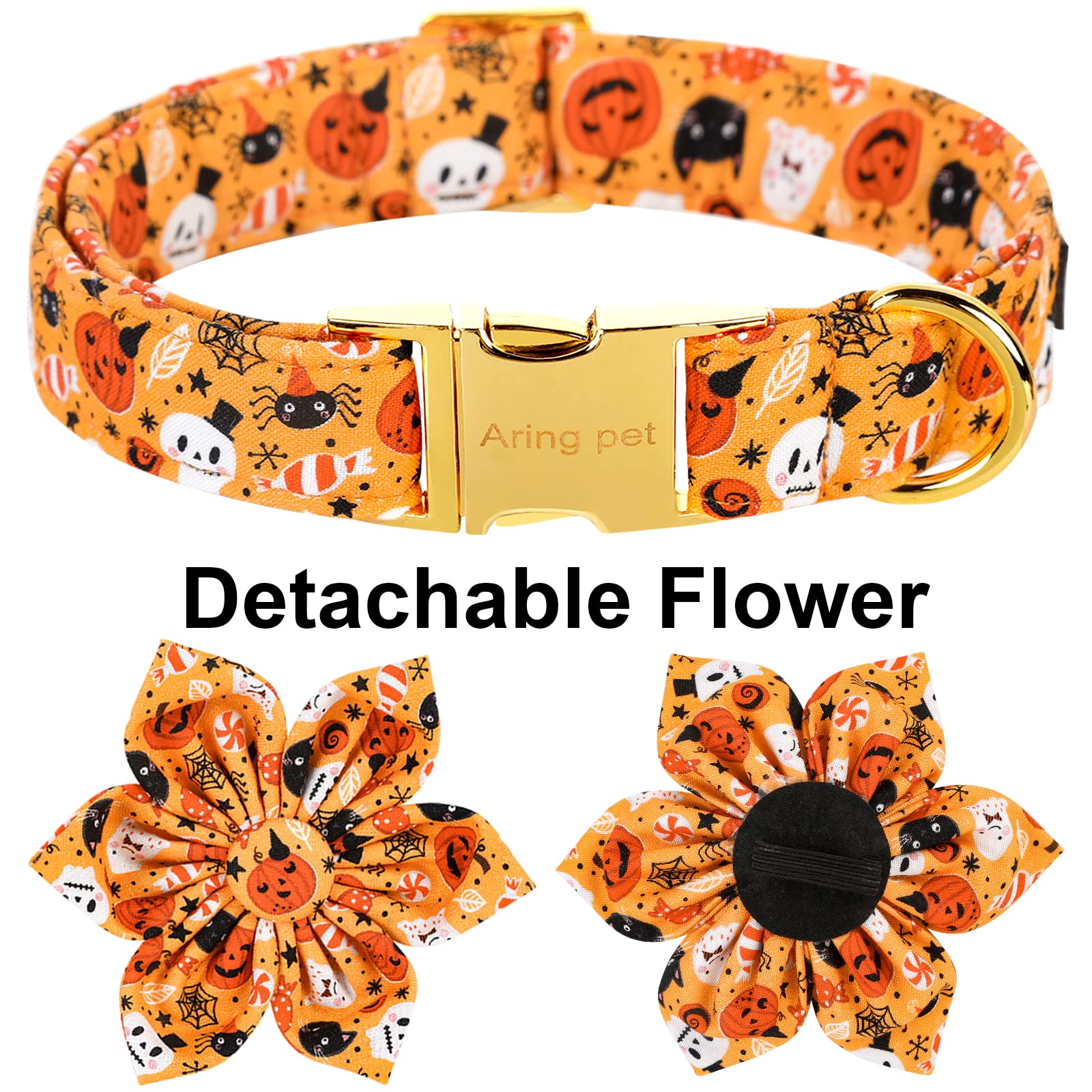 Aring Pet Dog Collar With Flower-Halloween Dog Collar Flower, Adorable Boy And Girl Ghost Pumpkin Dog Collars Gifts With Metal Buckle