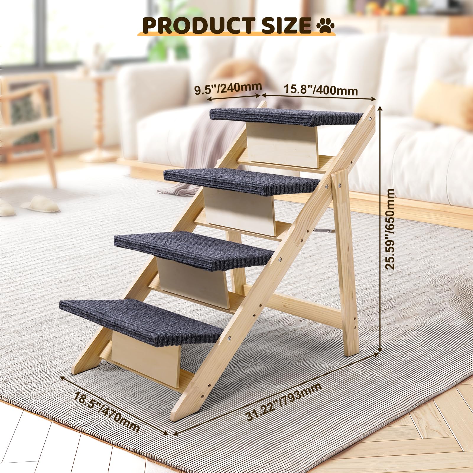 Sararoom Wood Pet Stairs/Pet Steps, 4-Step Dog Steps For High Bed, Sofa And Cars 25.6'' H, Non-Slip Stable Pet Stairs For Small