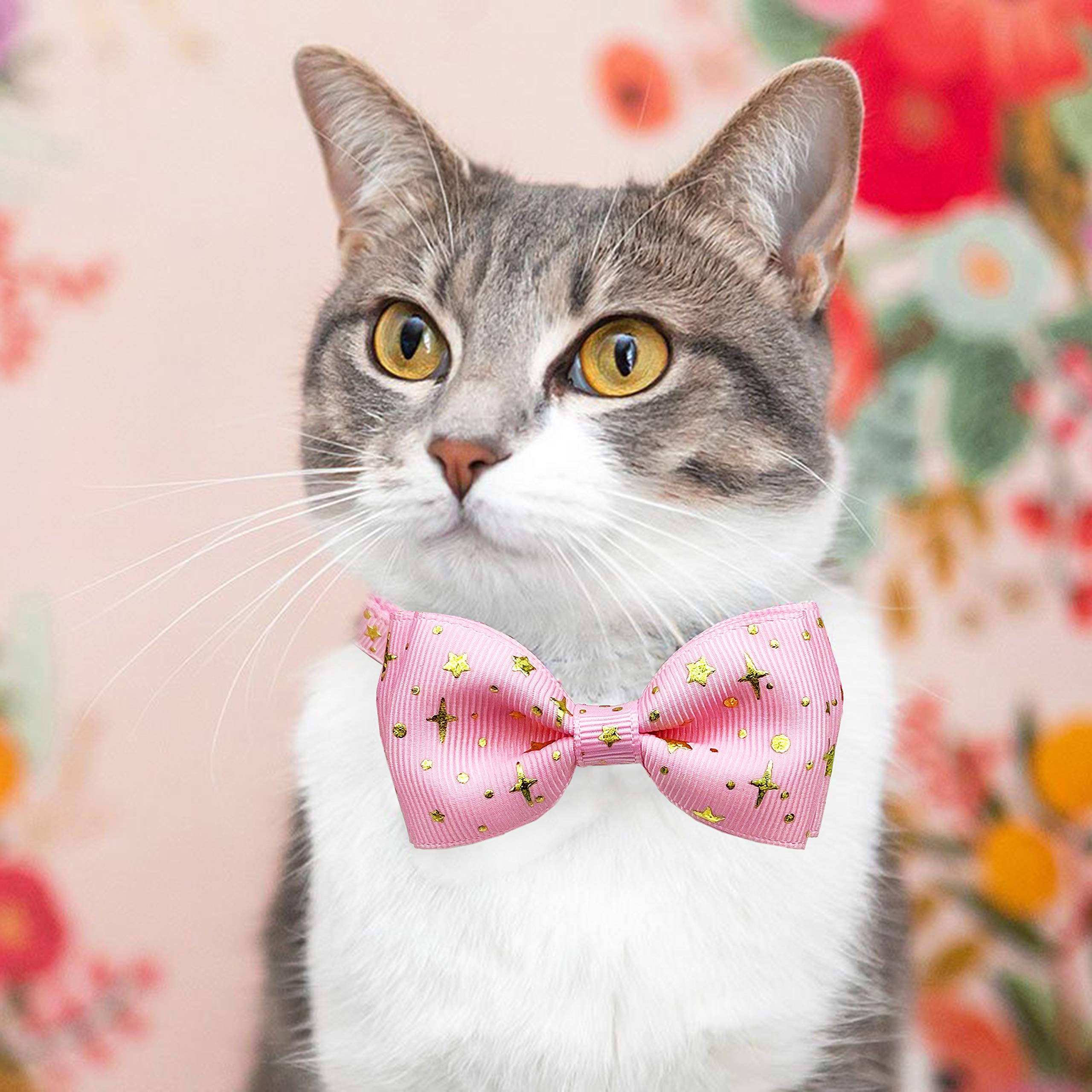 2 Pack Cat Collar With Bow Tie And Bell, Kitty Kitten Starshine Collar Breakaway Collar For Males Females Boys And Girls Cats (Pink+Black)