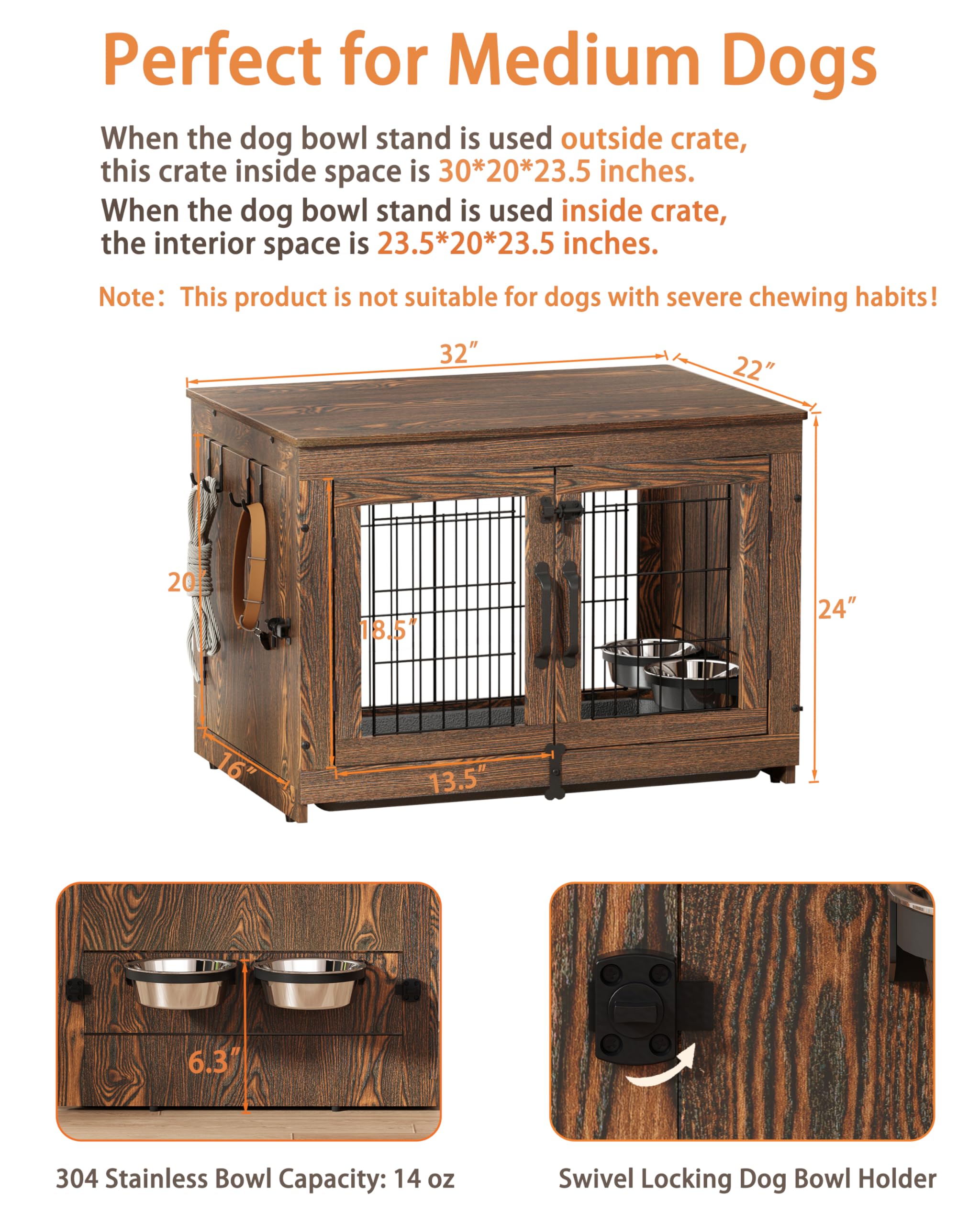 Piskyet Wooden Dog Crate Furniture With 360Rotatable Removable Dog Bowls, Dog Crate End Table With Tray, Double Doors Dog Kennel