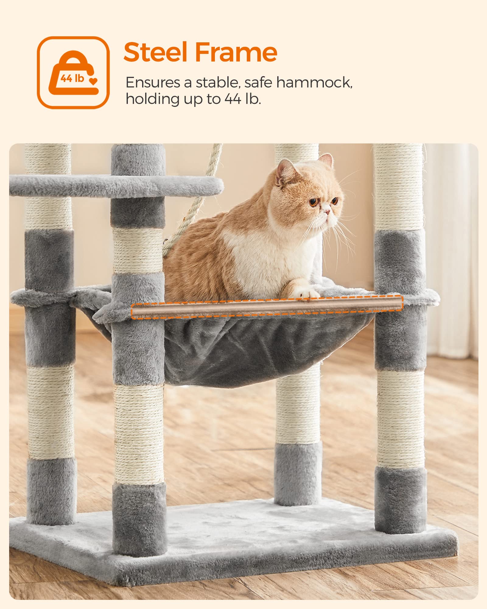Feandrea Cat Tree, Cat Tower For Indoor Cats, 56.3-Inch Cat Condo With Scratching Posts, Hammock, Plush Perch, Light Gray Upct15