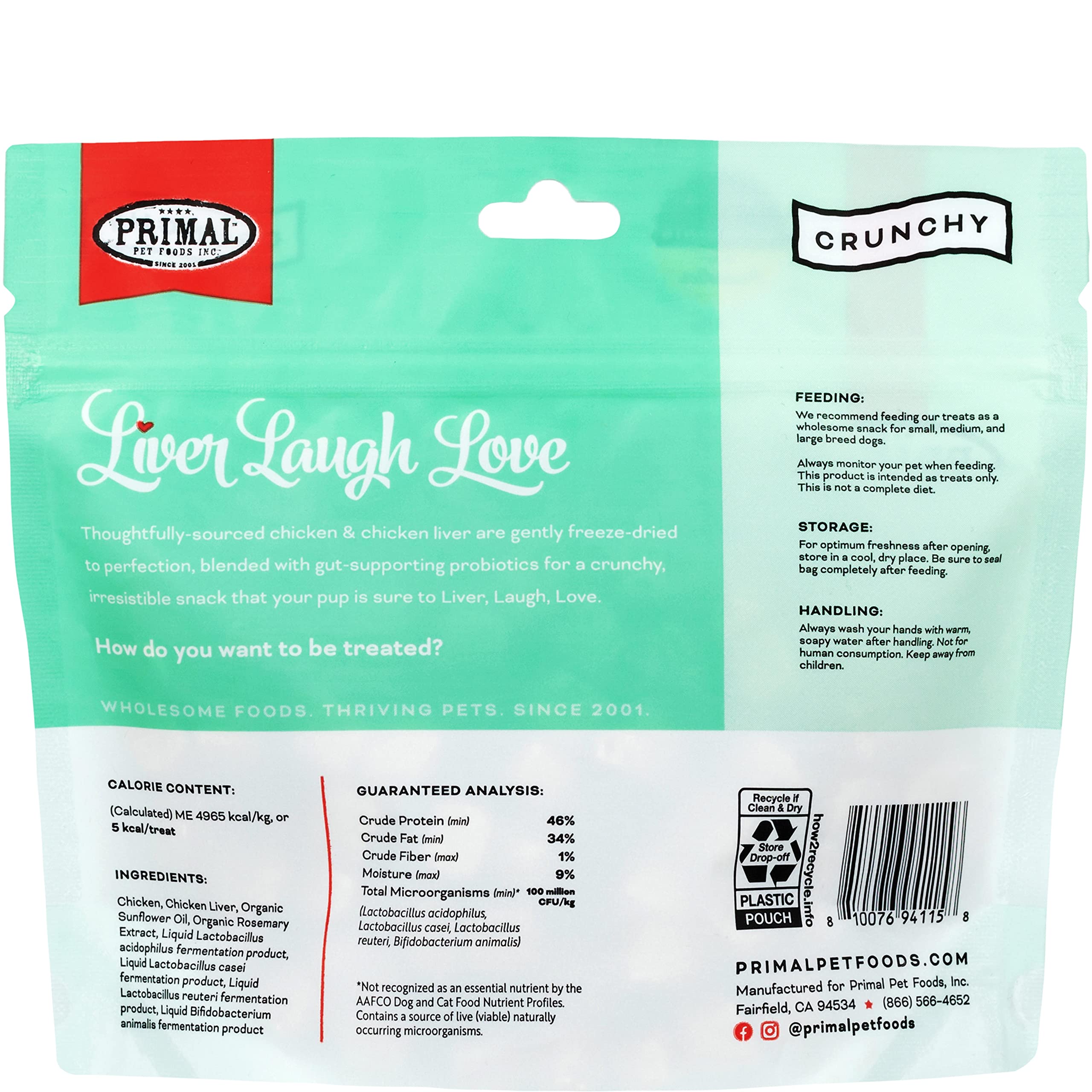 Primal Freeze Dried Dog Treats, Liver, Laugh, Love; Chicken Liver with Probiotics, Crunchy Grain Free Training Treats for Dogs,