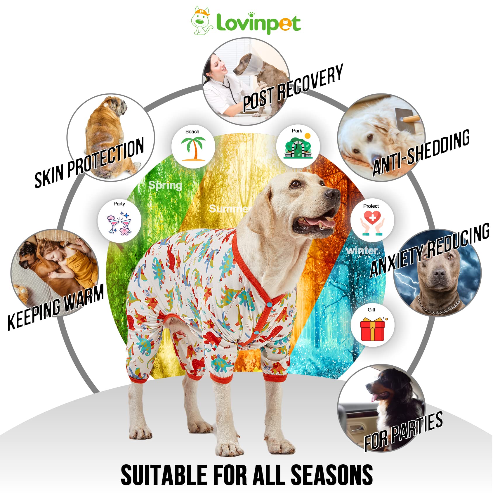 Lovinpet Large Dog Pajamas, Undershirt For Dog Coats, Anti Licking, Pet Anxiety Calming Onesies For Dogs, White Dinos Print, Lar