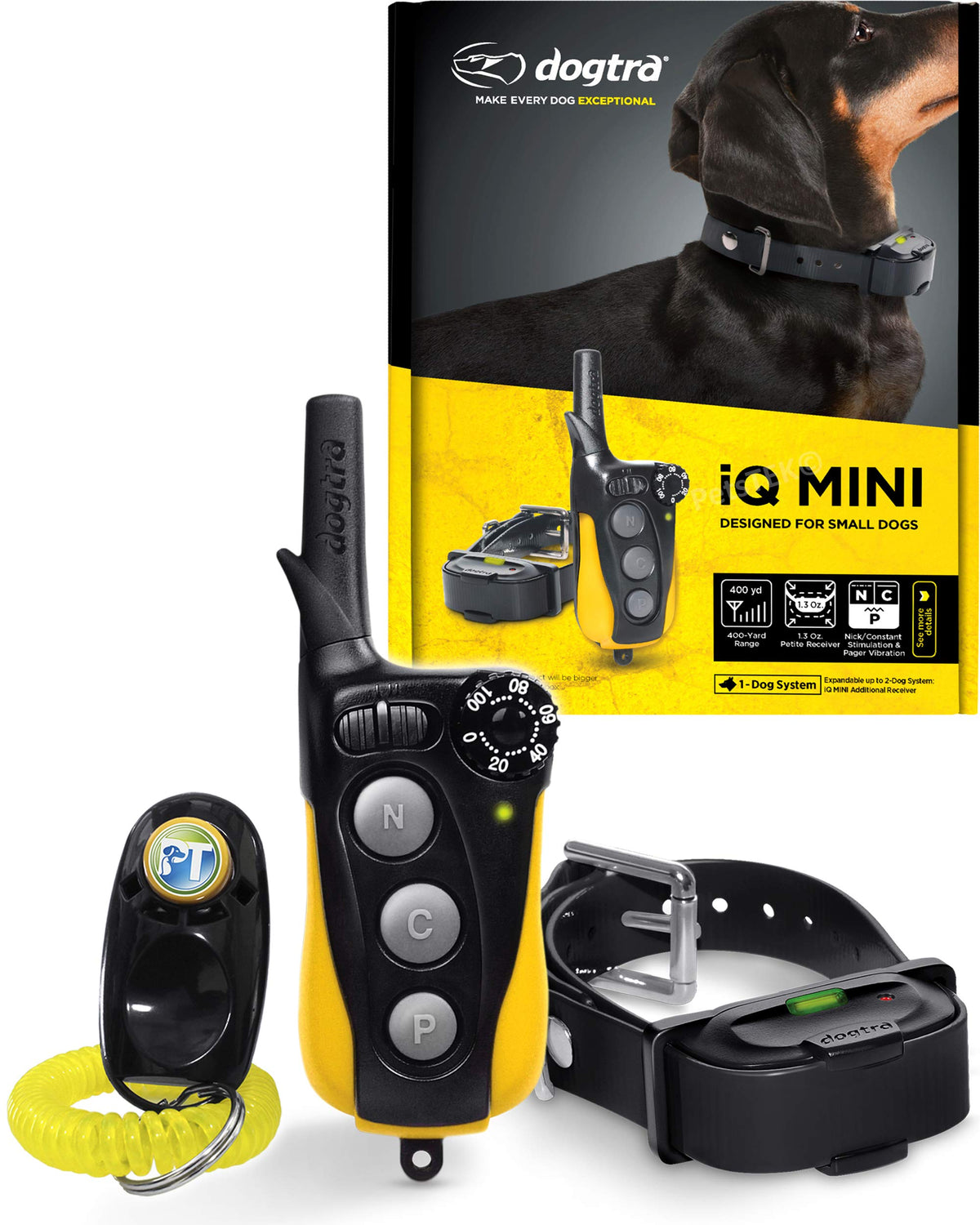 Dogtra Iq Mini Small Dog Remote Training System - 400 Yard Range Collar, Rechargeable Remote Trainer, Waterproof, Static, Vibration Pager Training With Petstek Dog Training Clicker