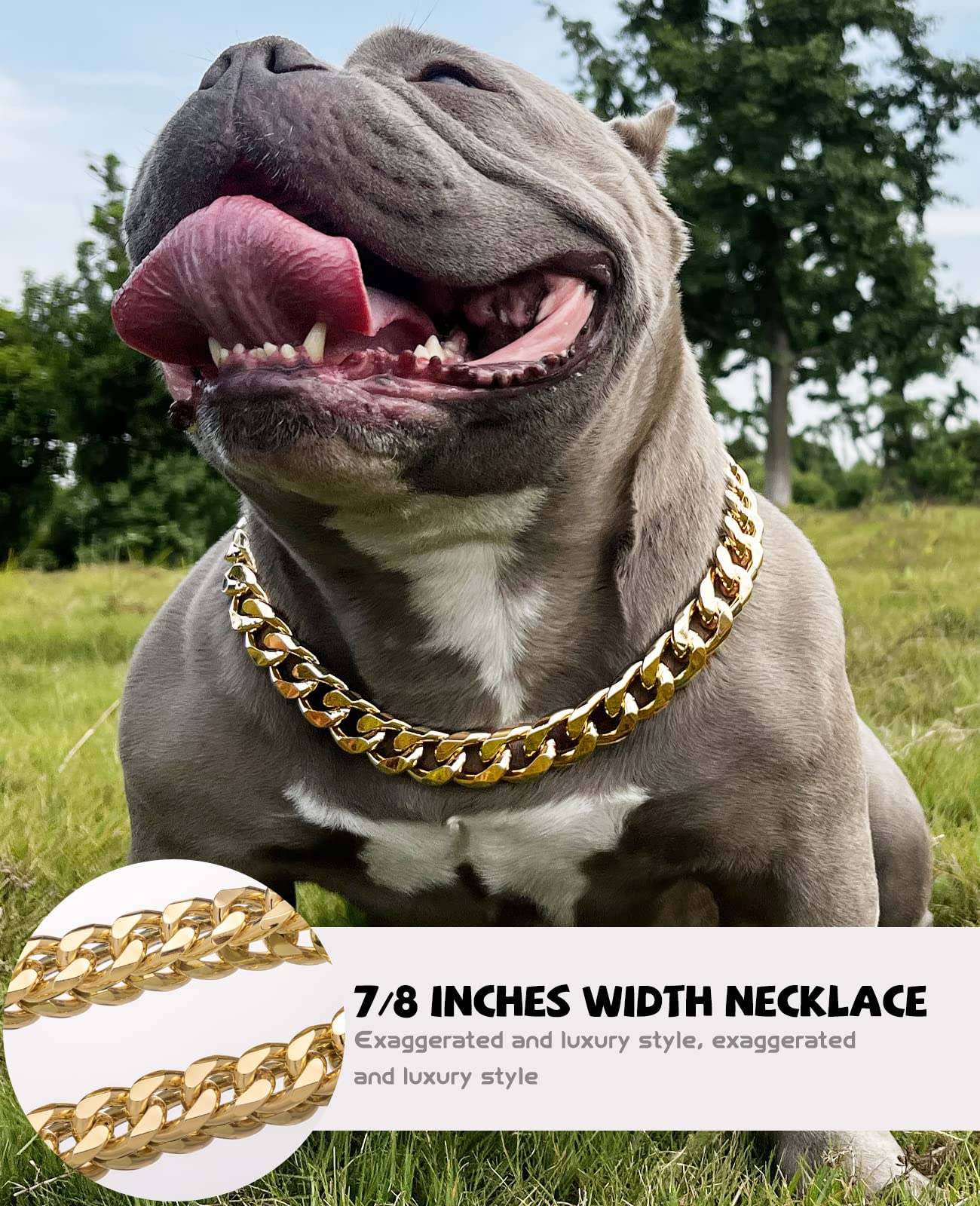 Gold Chain Dog Collar - 7/8 Inch Wide Metal Cuban Link Dog Necklace With Leather Belt, Lightweight Protect Puppy'S Neck, Cute Fa