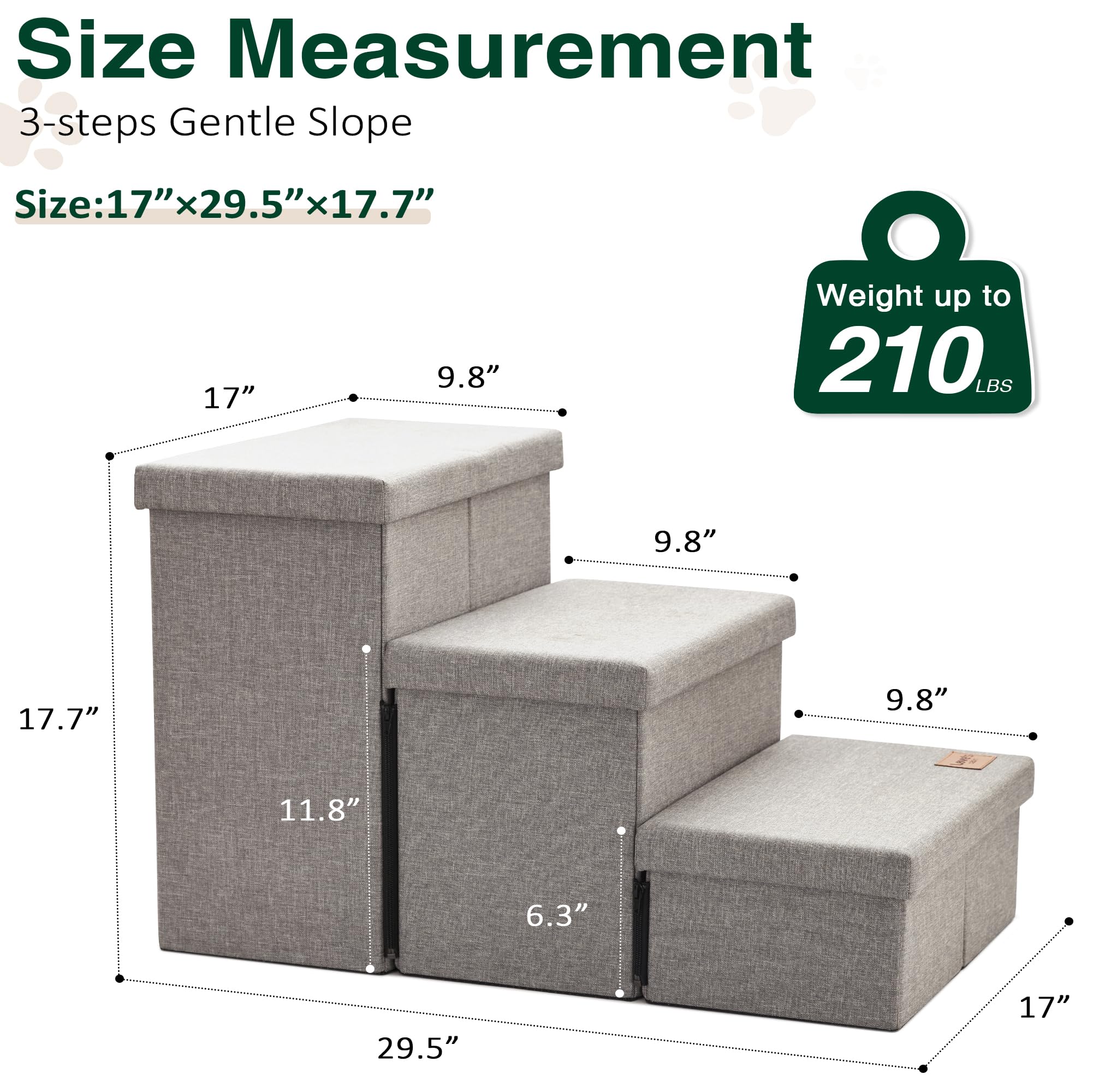 Love'S Cabin Dog Stairs For High Bed 18'H,Foldable Pet Stairs For Small Medium Or Large Dogs Puppy With Storage For Bed Or Couch, Cat Dog Steps Ramp With Zip Up To 210 Lbs(Solid Grey,3 Steps No Condo)