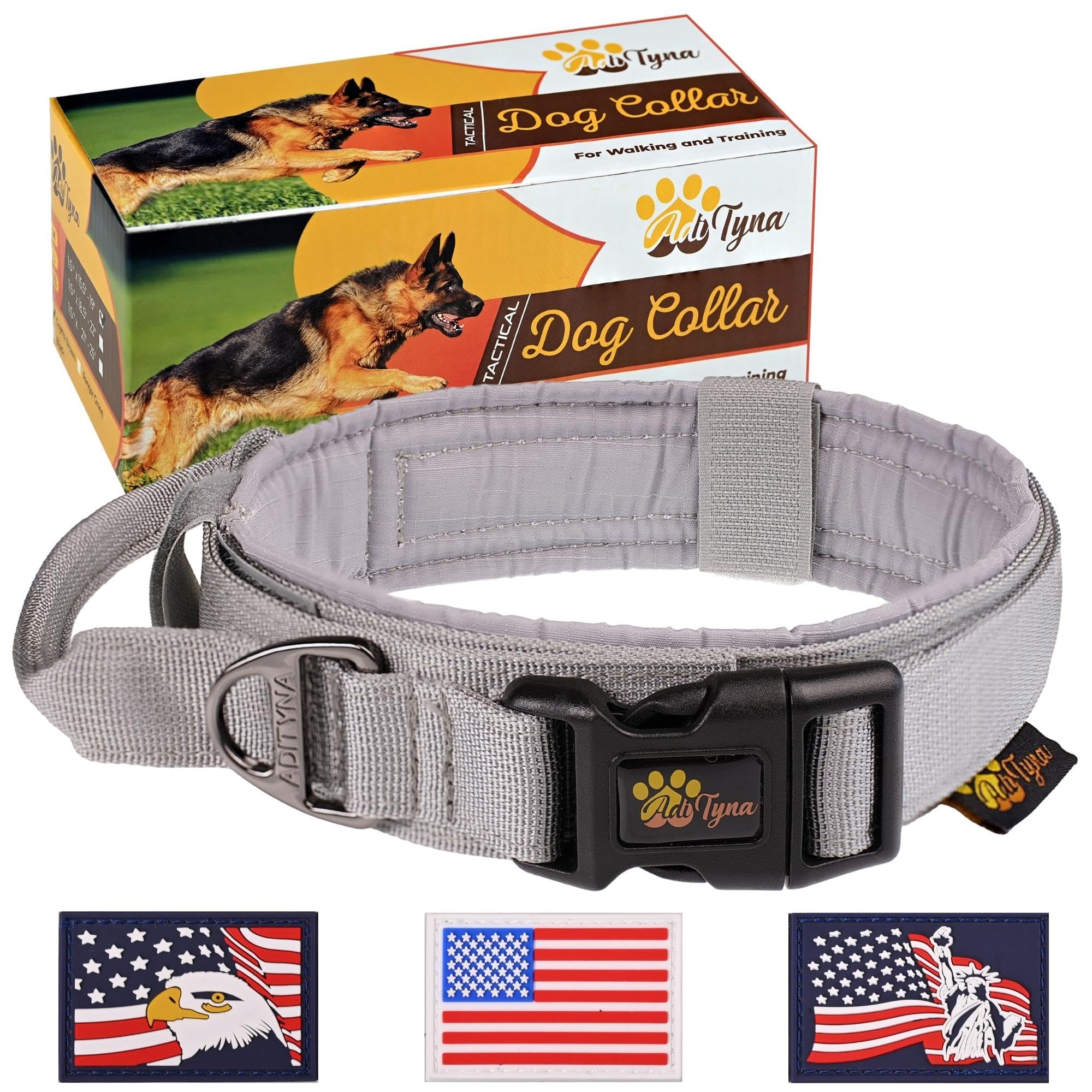 Adityna Tactical Dog Collar For Large Dogs - Soft Padded, Heavy Duty, Service, Adjustable Military K9 Collar With Handle For Tra