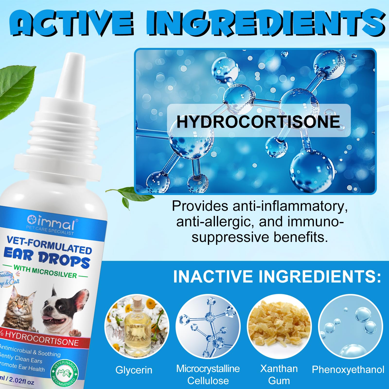 VOSIFSDIY Dog & Cat Ear Infection Treatment Drops, Pets Ear Cleaning Drops with 1% Hydrocortisone for Dog & Cats Yeast Infection