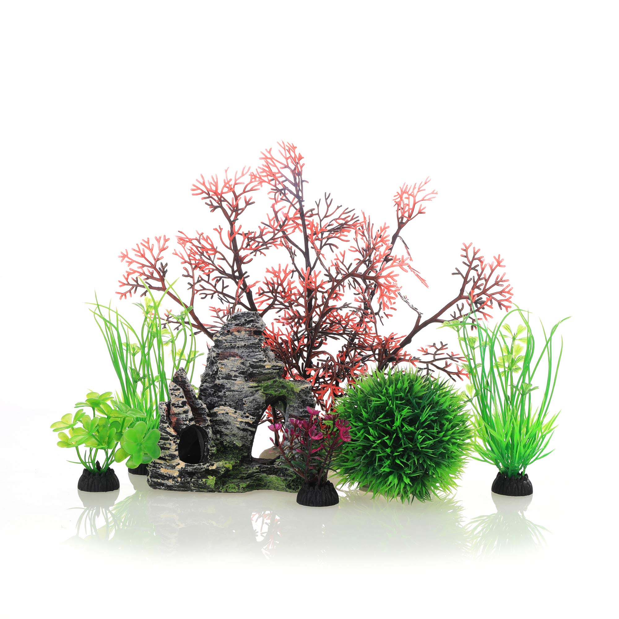JIH Aquarium Fish Tank Plastic Plants and Cave Rock Decorations Decor Set 7 Pieces, Small and Large Artificial Fish Tank Plants 
