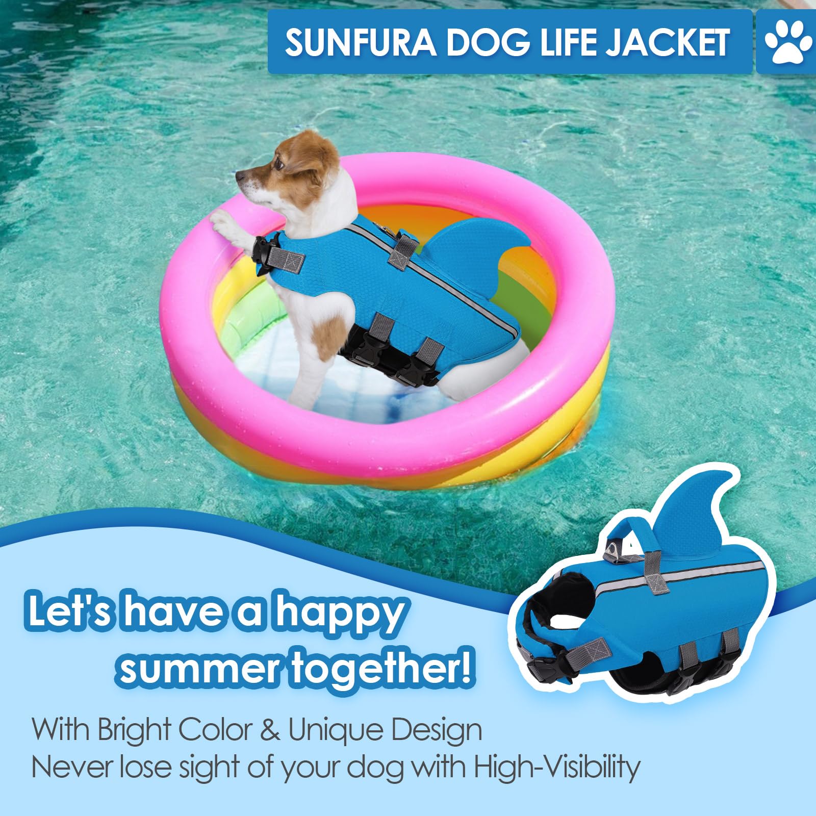 Sunfura Dog Life Jacket Shark Life Vest For Dogs, Adjustable Swmming Vest With High Buoyancy, Safety Lifesaver With Rescue Handl
