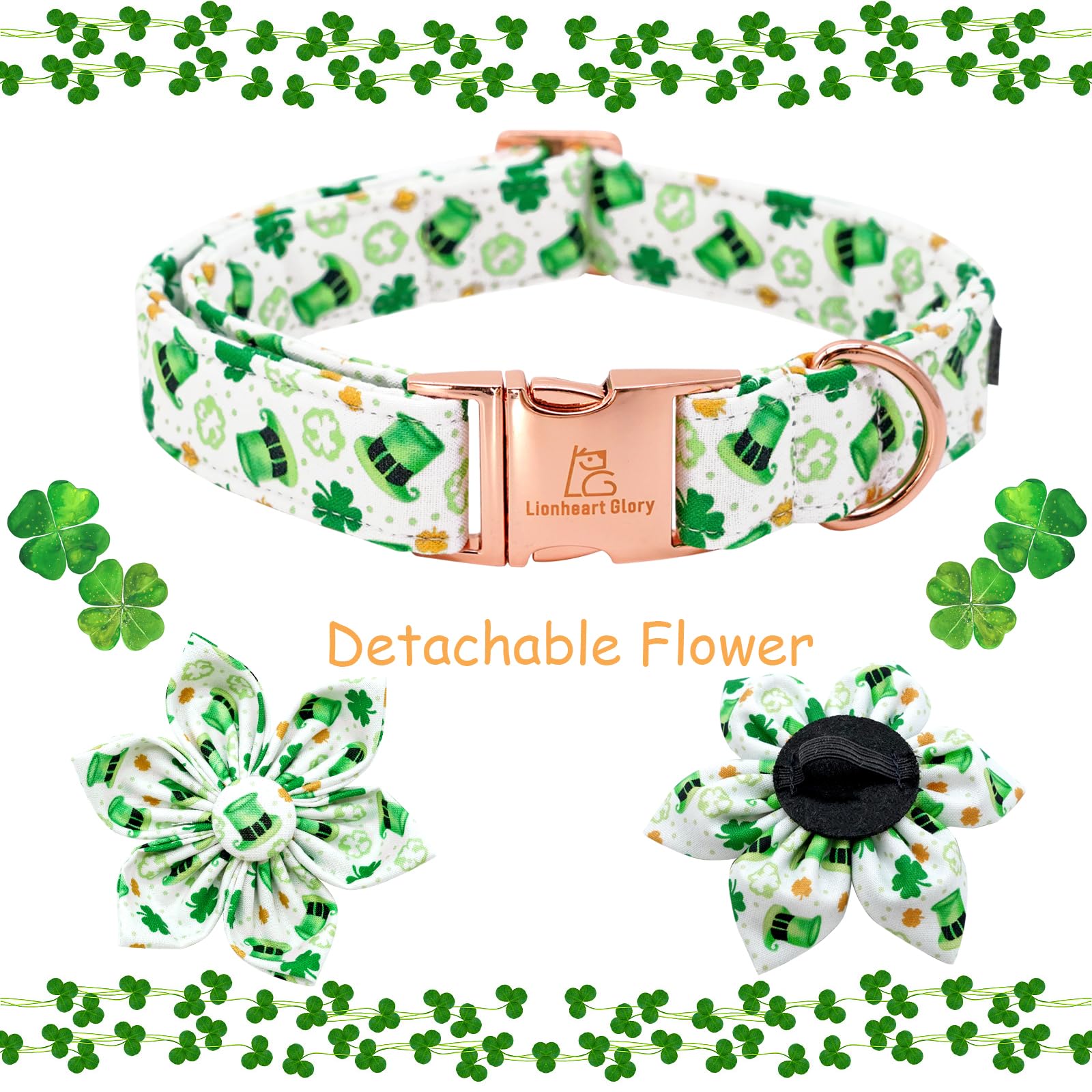 Lionheart Glory St. Patrick'S Day Collar With Flower Bows For Medium Dogs, Green Lucky Clover Shamrock Collar
