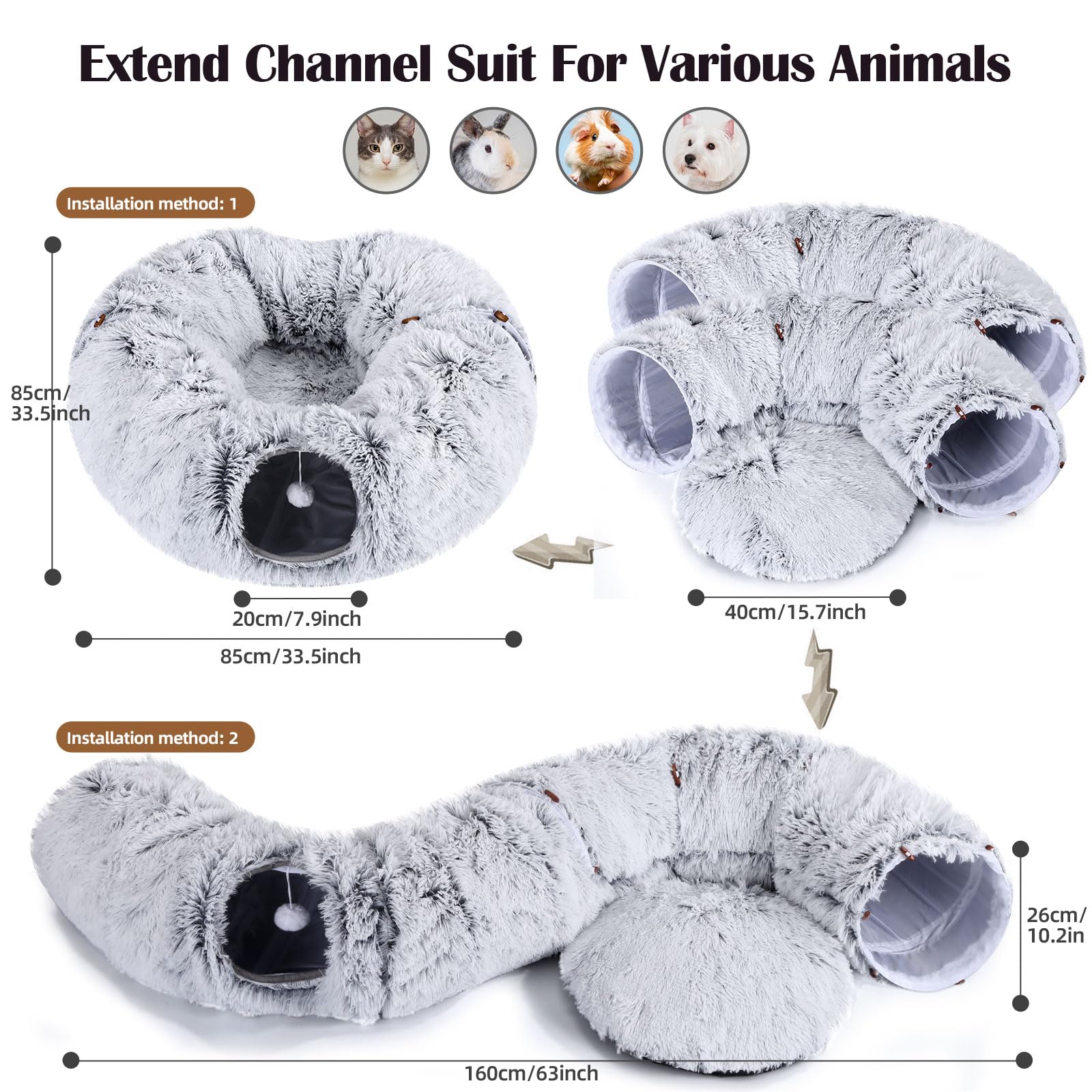 Odoland Cat Tunnel Bed With 20 Cat Toys - Indoor Plush Kitten Couch, Detachable Cats Cave Donut Tunnel & Soft Kitten Toy Set - C
