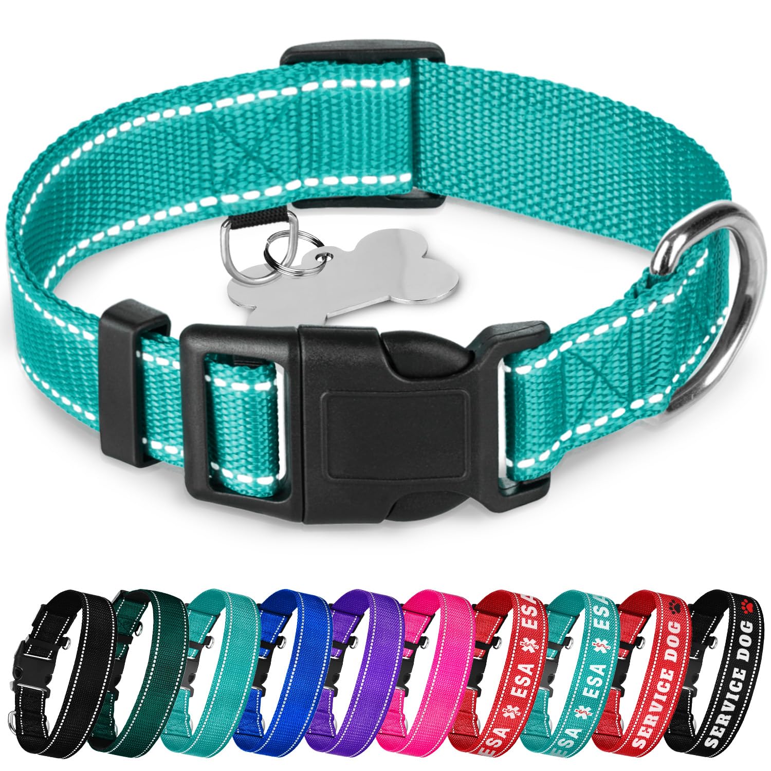 Teceum Reflective Dog Collar - Teal - Xs - Basic Nylon Pet Collar - Quick Release Buckle - Fits Small, Medium And Large Dogs, Pu