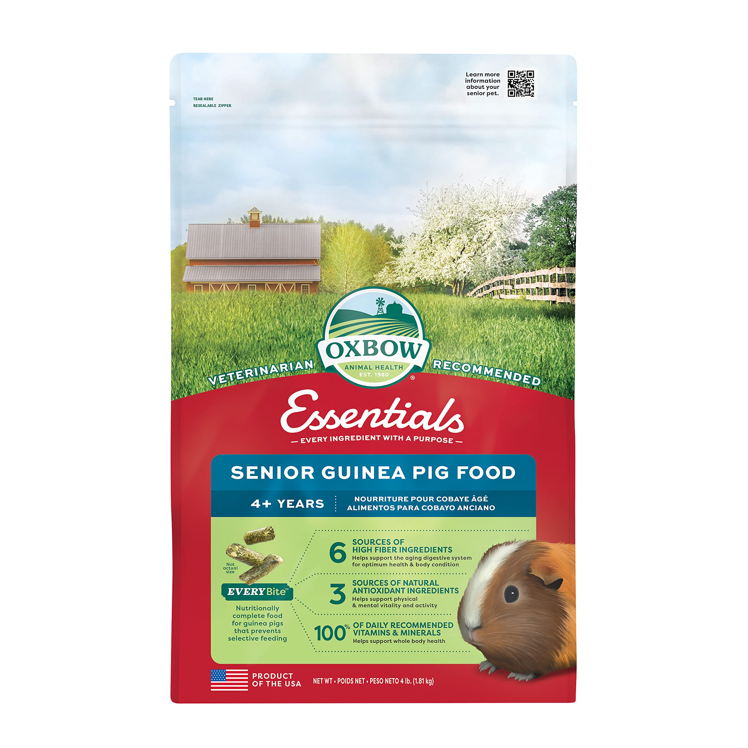 Oxbow Essentials Guinea Pig Food, Senior, Made Alfalfa for Guinea Pig, Pet Food Pellets with Vitamin C, Small Animal Pet Product