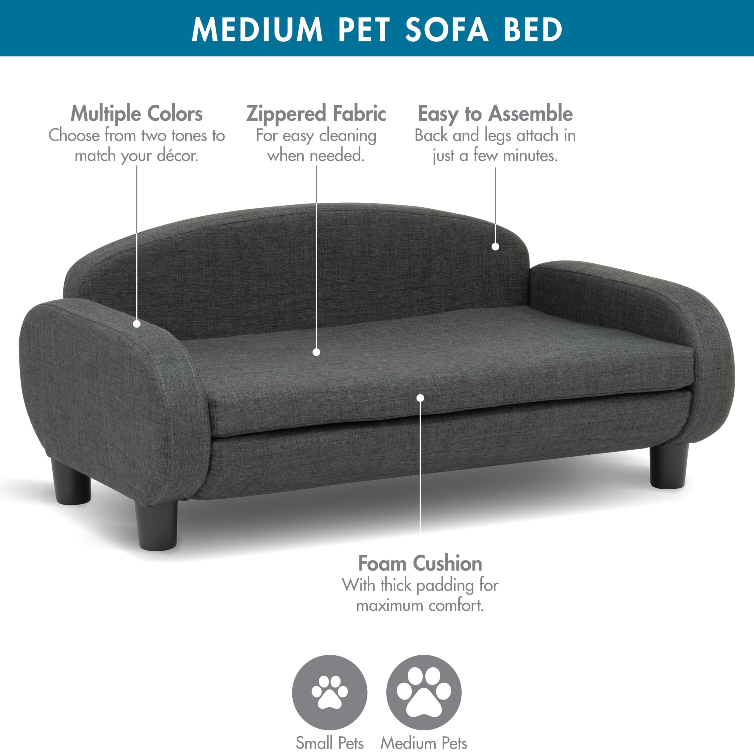 Paws & Purrs Modern Pet Sofa 35.5'' Wide For Medium Dog Or Cat With Removable/Washable Mattress Cover, Dark Gray