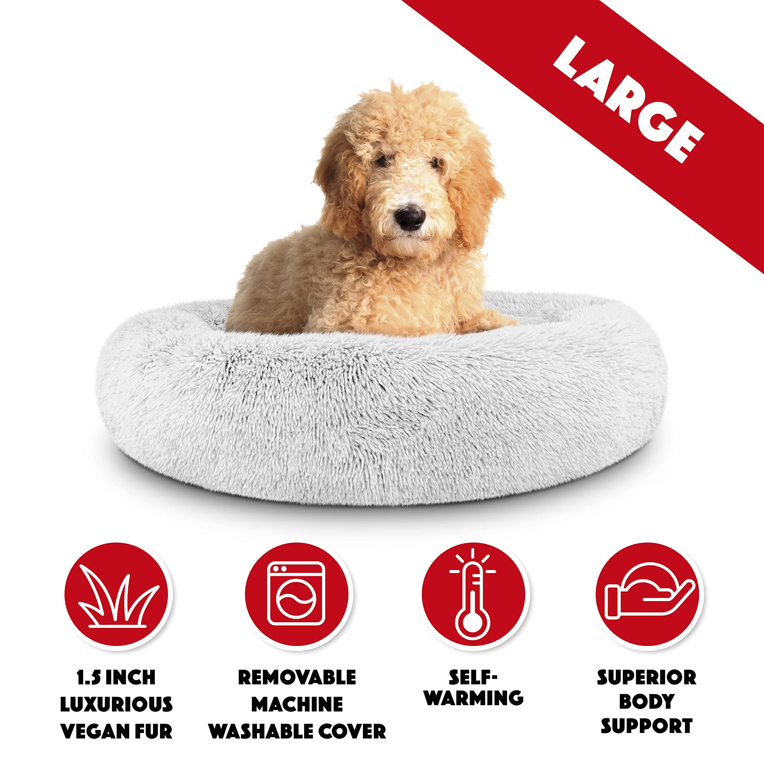 The Dogs Bed Donut Large Dog Bed, Sound Sleep, Ice White Fur Calming Nest Bed, Veterinary Approved