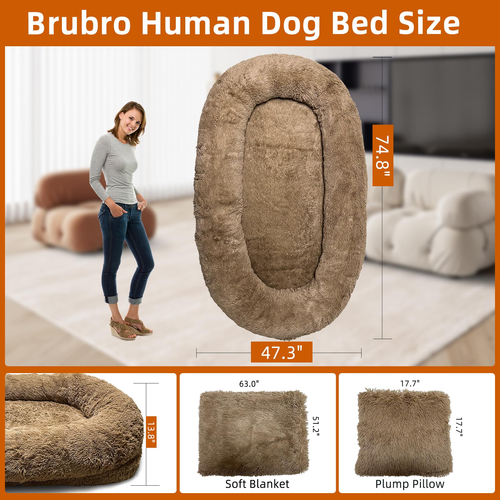 Brubro Large Human Dog Bed For Adult,74.8X47.3X13.8 Human Sized Dog Bed For People And Pets,Removable And Washable Faux Fu