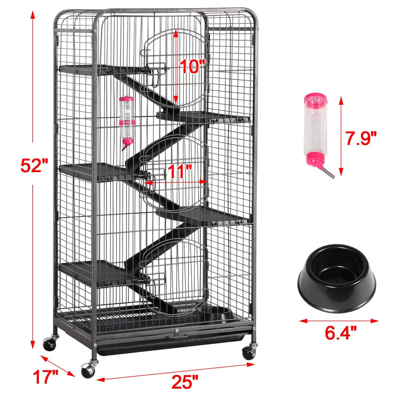 Topeakmart Large 6-Tier Ferret Cage Playpen, 52 Inch Metal Small Animals Hutch With 3 Doors/Bowl/Water Bottle/Tray, Rolling Pet Home For Lovely Chinchilla/Squirrel, Black, Easy Assembly