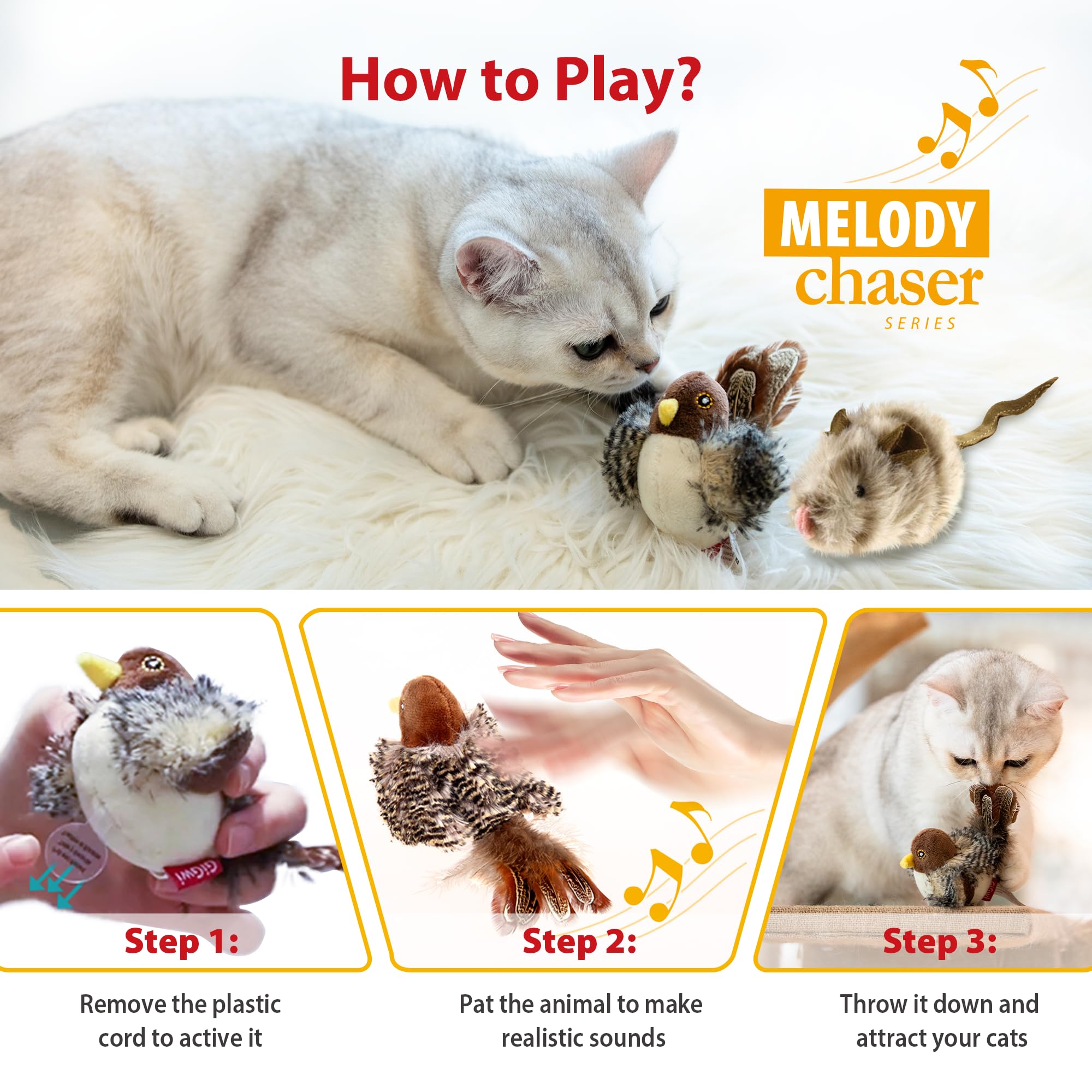 Gigwi Automatic Cat Toys Pack, Interactive Cat Toys Electronic Squeaky Animals Bird And Mouse, Plush Toys For Cats To Play Alone