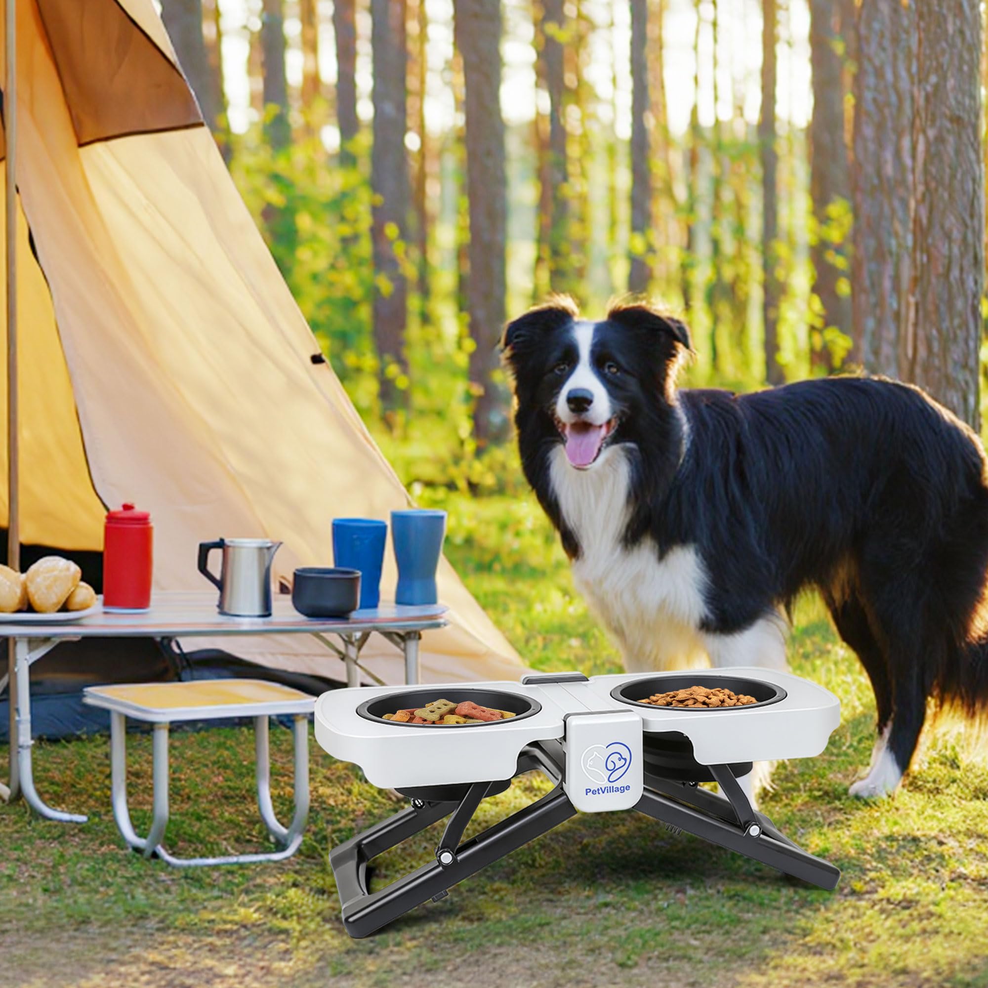 Portable Foldable Elevated Dog Bowls Stand With Dual Dishes, Compact Travel Pet Feeding Table For Dogs (5 Cups Capacity)-Lightwe