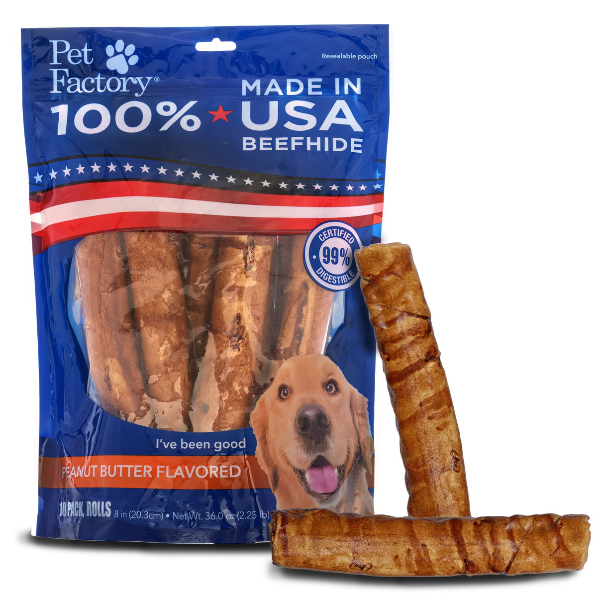 Pet Factory 100% Made In Usa Beefhide 8'' Rolls Dog Chew Treats - Peanut Butter Flavor, 10 Count/1 Pack