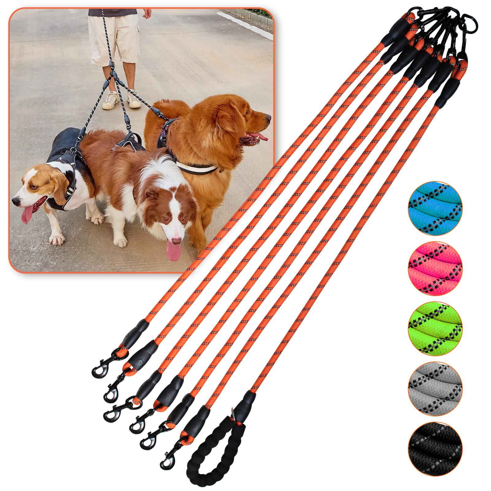 Six Dog Leash,6 Way Leash For Dogs,6 Leash Dog Walker,360 Swivel No Tangle Walking Leash For 6 Dogs, 6 Dog Leash With Reflective