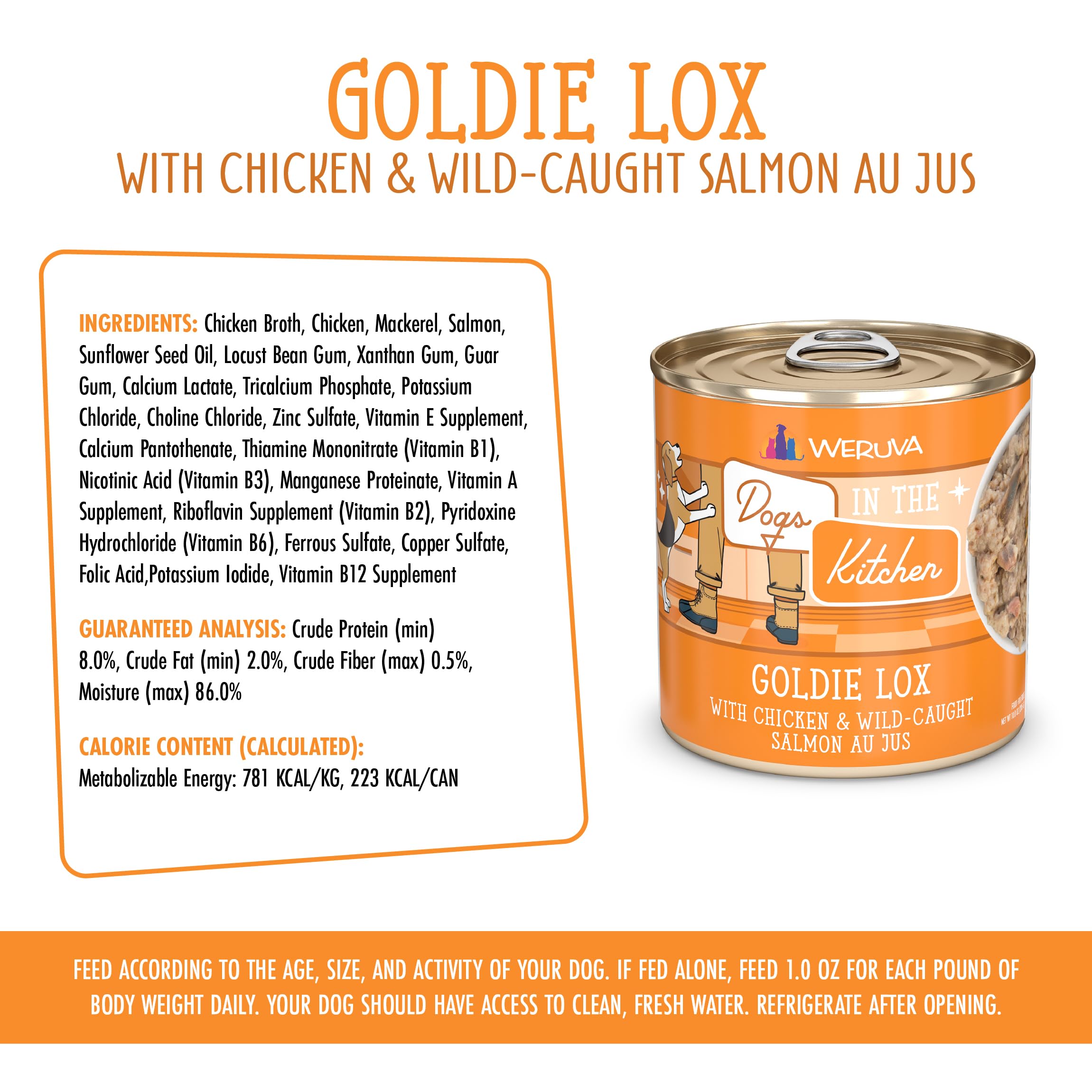 Weruva Dogs in The Kitchen, Goldie Lox with Chicken & Wild-Caught Salmon Au Jus Dog Food, 10oz Can (Pack of 12)