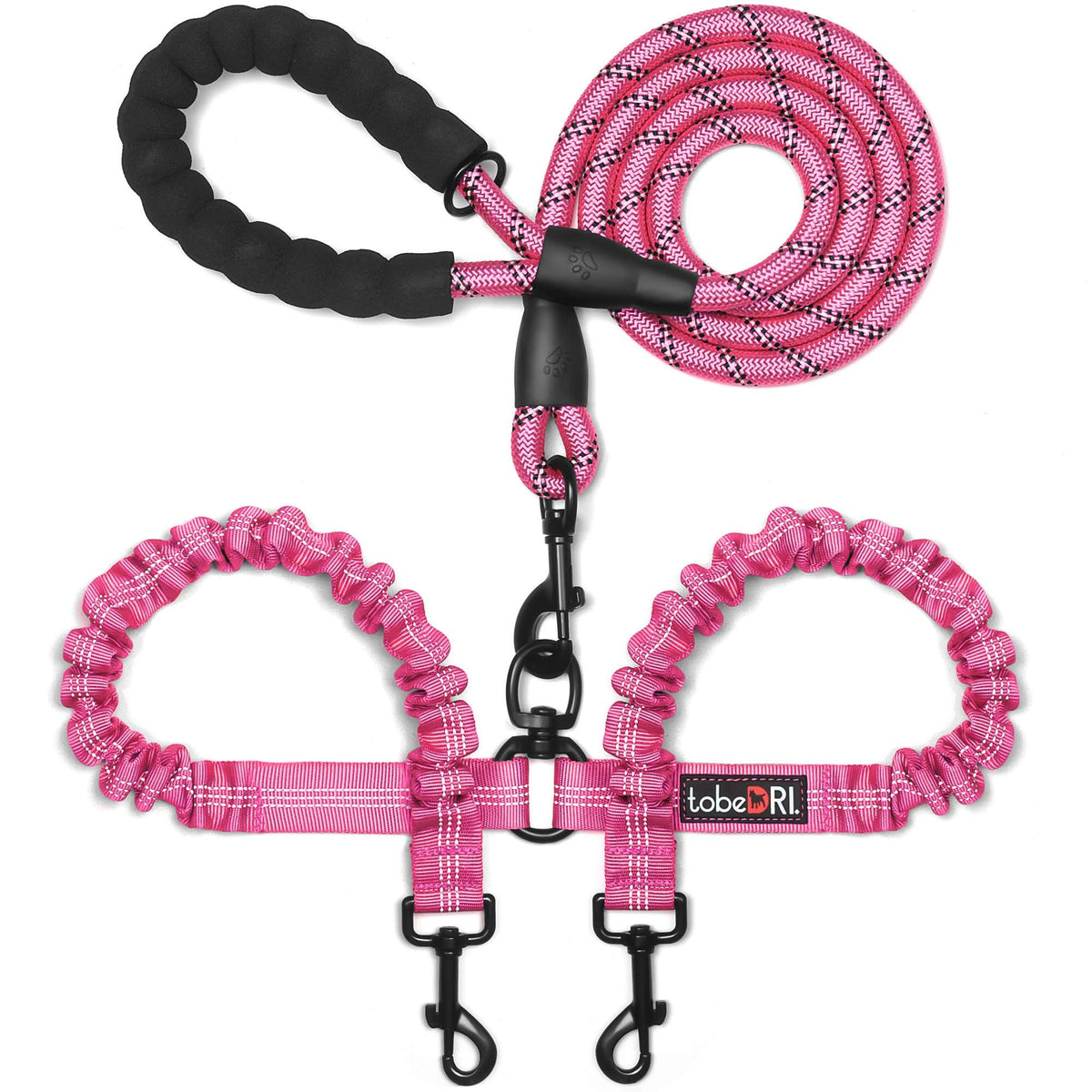 Tobedri Comfortable Dual Dog Leash Tangle Free With Shock Absorbing Bungee Reflective 2 Dog Leashes For Large Medium Small Dogs (Pink For 25-100 Lbs)