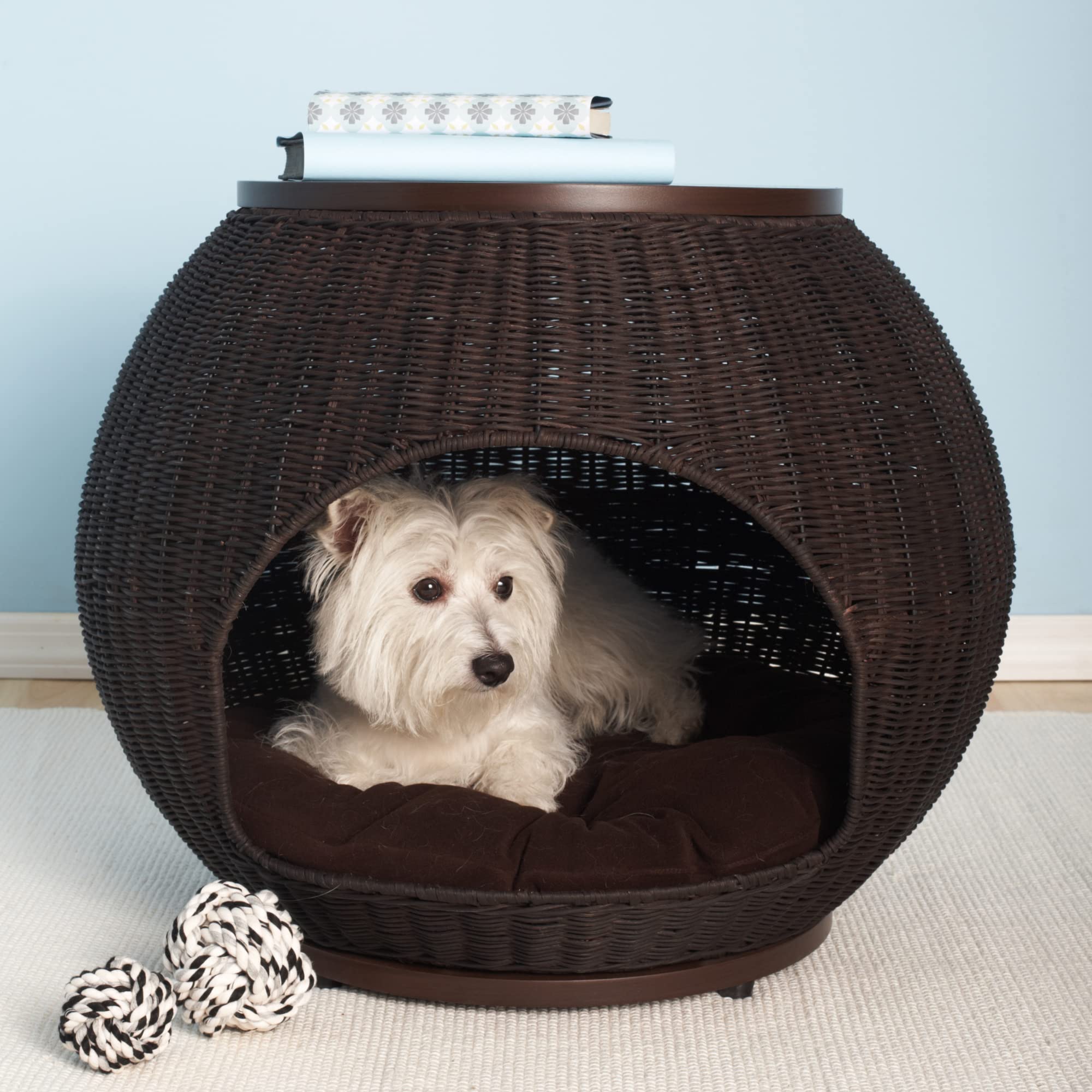 The Refined Canine Igloo Indoor Dog Bed & Cat Bed in Espresso, Multipurpose Pet Bed with Table Top, Claw-Proof Faux Rattan is Ea