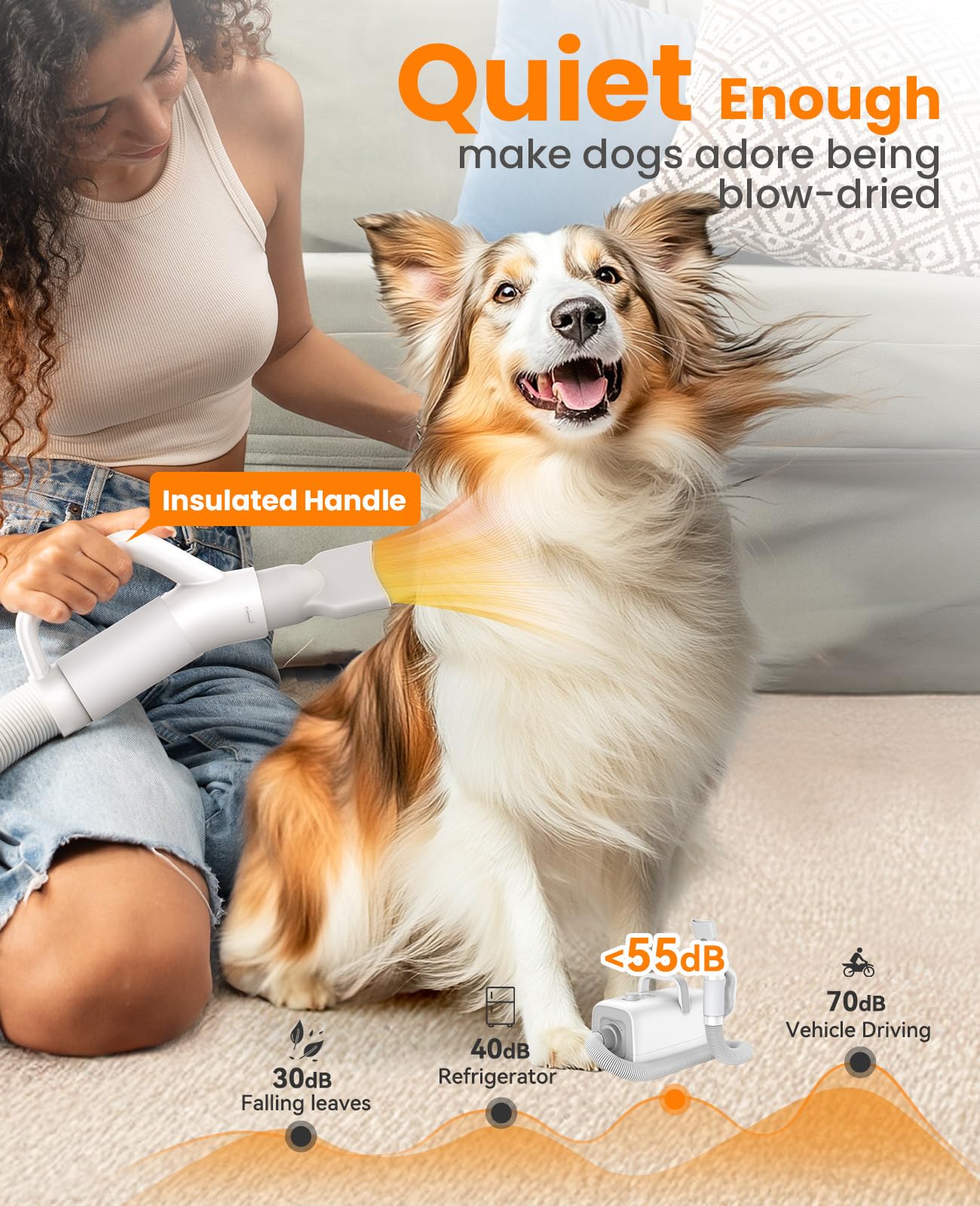 oneisall Dog Dryer,465 ft/s High Velocity Dog Hair Dryer,Quiet Dog Blow Dryer with Adjustable Airflow&Cycling Heating,Dog Dryer