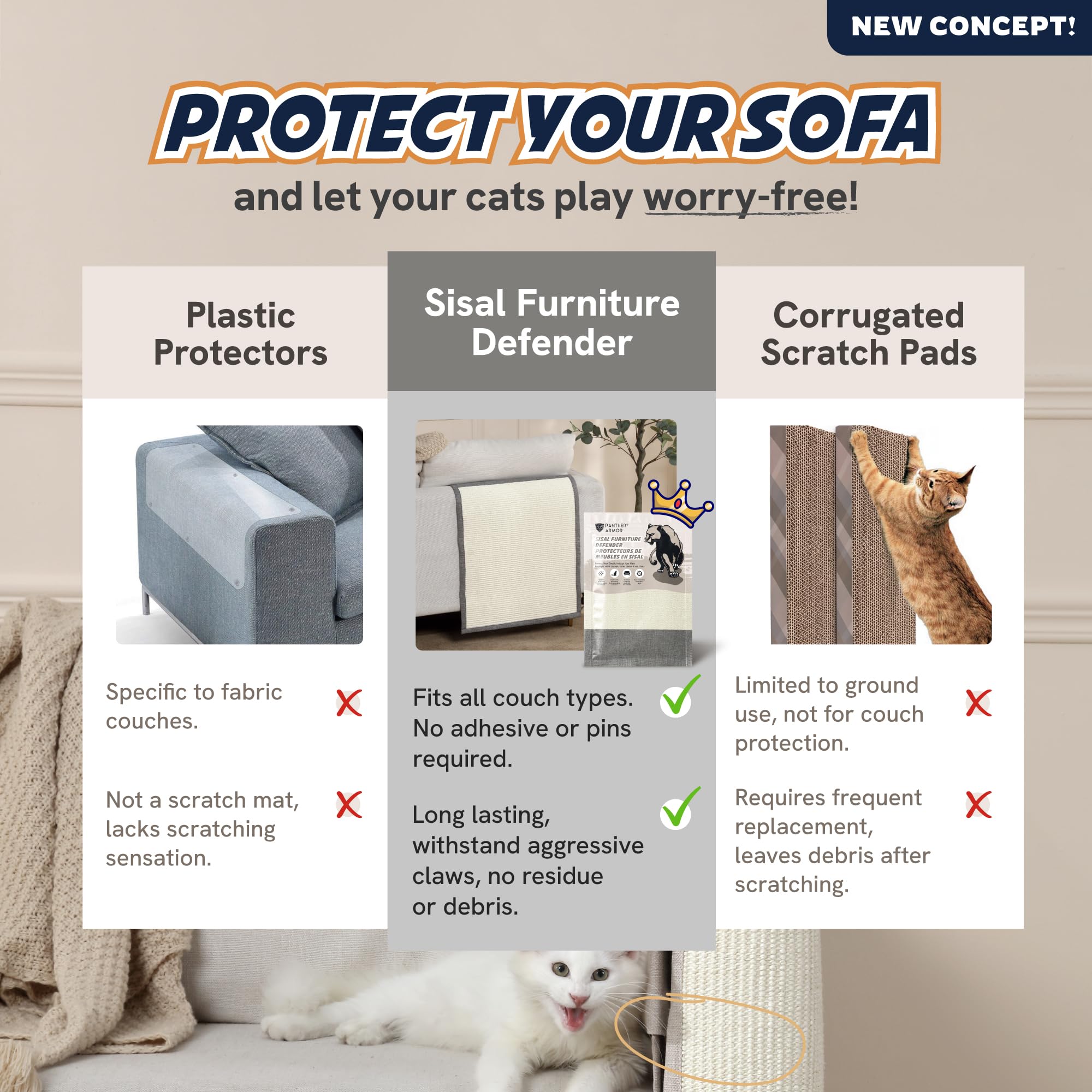 Panther Armor Sisal Cat Scratcher - Grey Back Rest Furniture Protector, Strong Sisal Sofa Scratching Pads