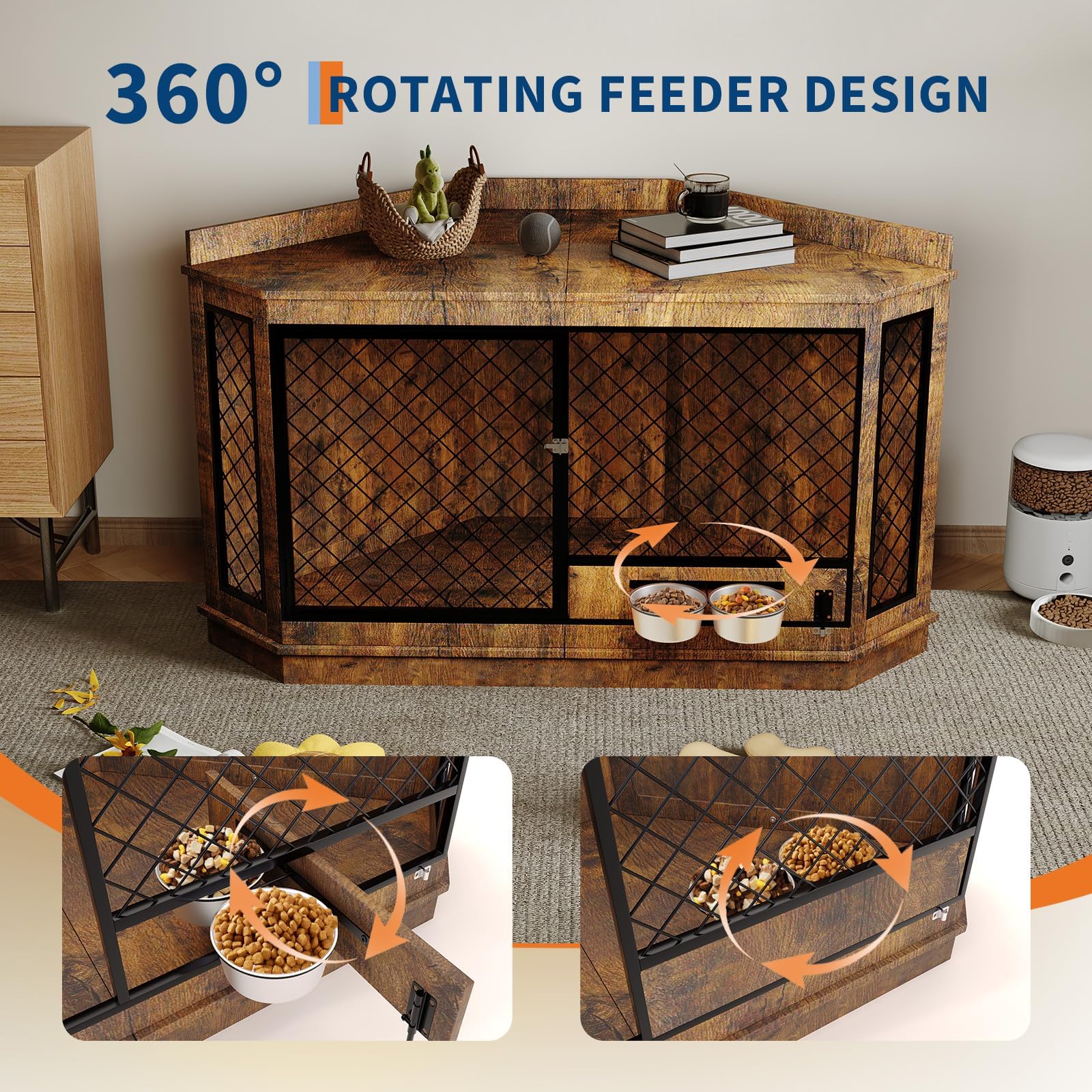 51.3 Corner Dog Crate Furniture with 360 Rotating Feeder, Decorative Dog Crates Dog Cage TV Stand Wooden Dog Kennel End Table fo