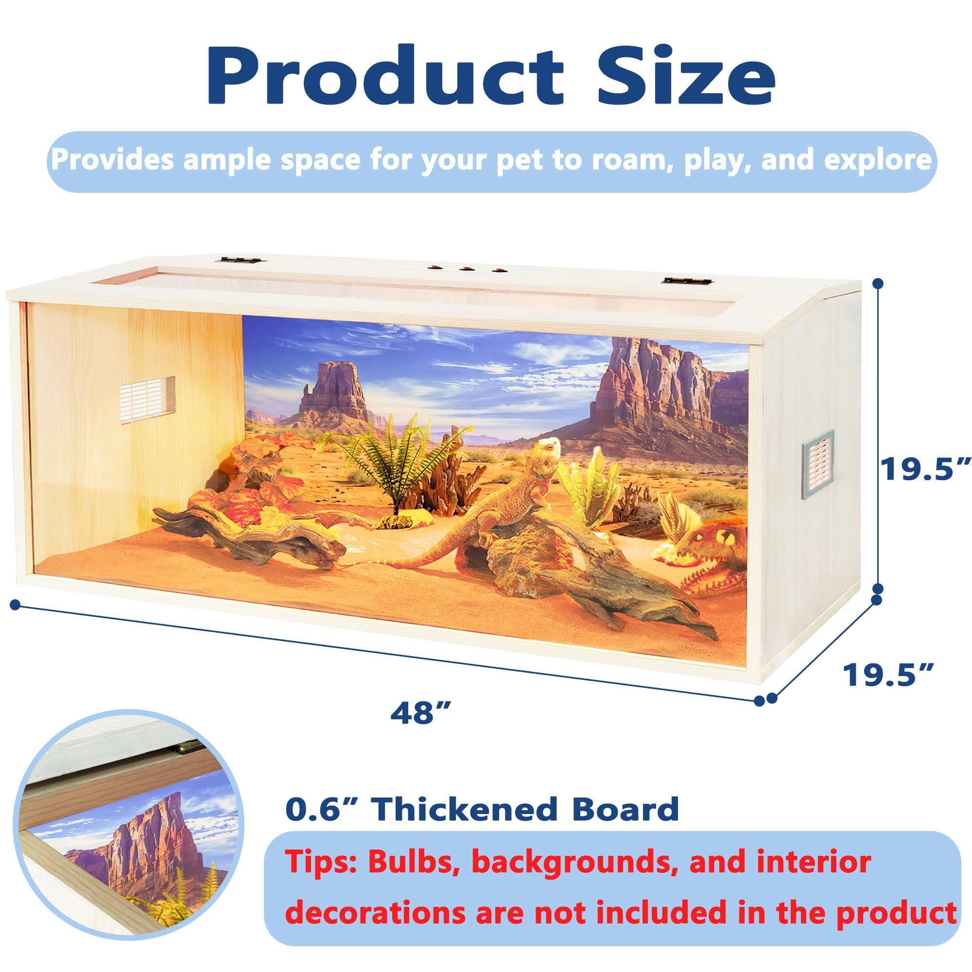 Prolee Reptile Terrarium, Lizard Tank Up To 68 Gallons, Bearded Dragon Tank With Roof Door, Snake Tank With Built-In Lamp Fixtur