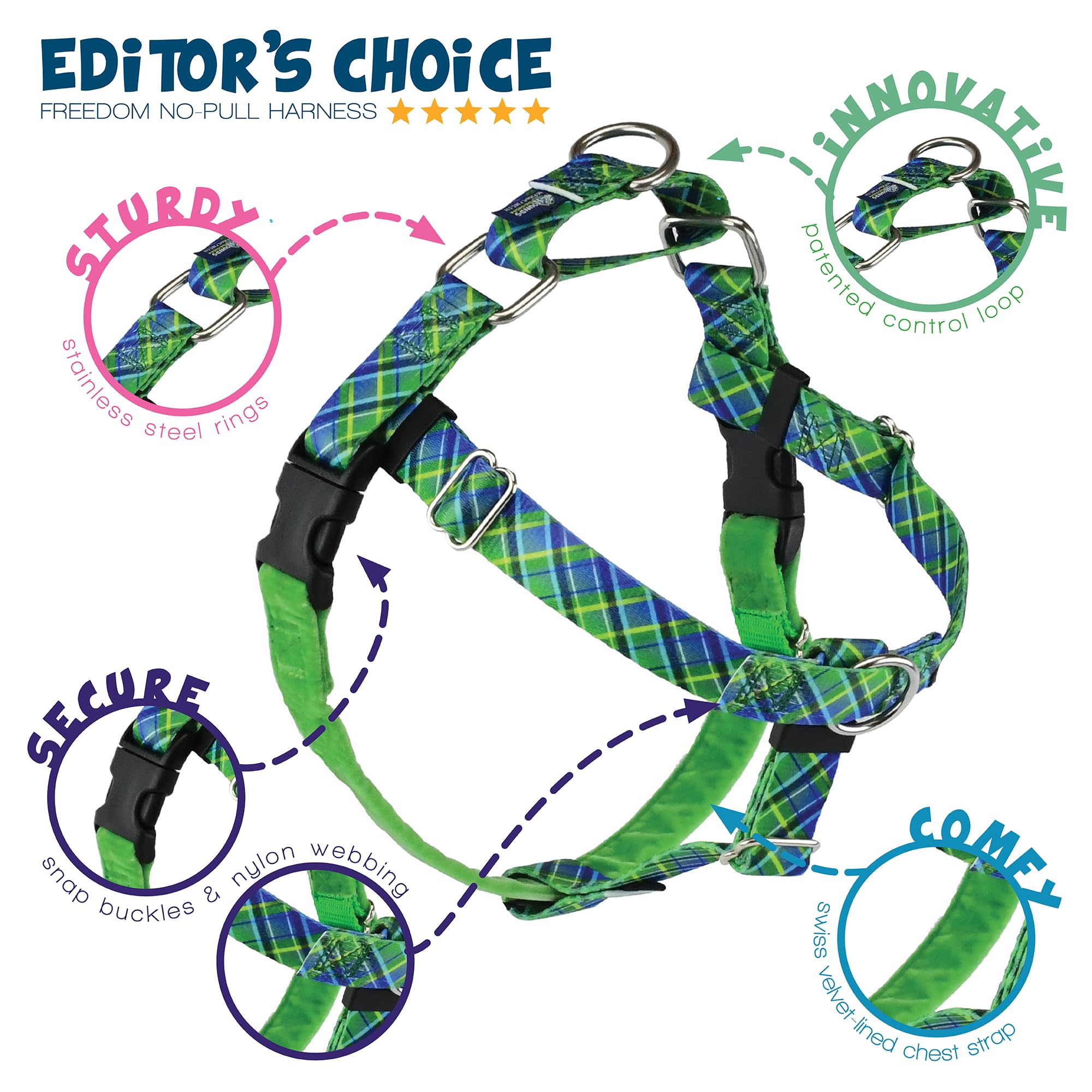2 Hounds Design - Freedom No-Pull Harness & Training Leash In Green And Blue | Dual Leash Loops, No Pulling On Walks | Lined To