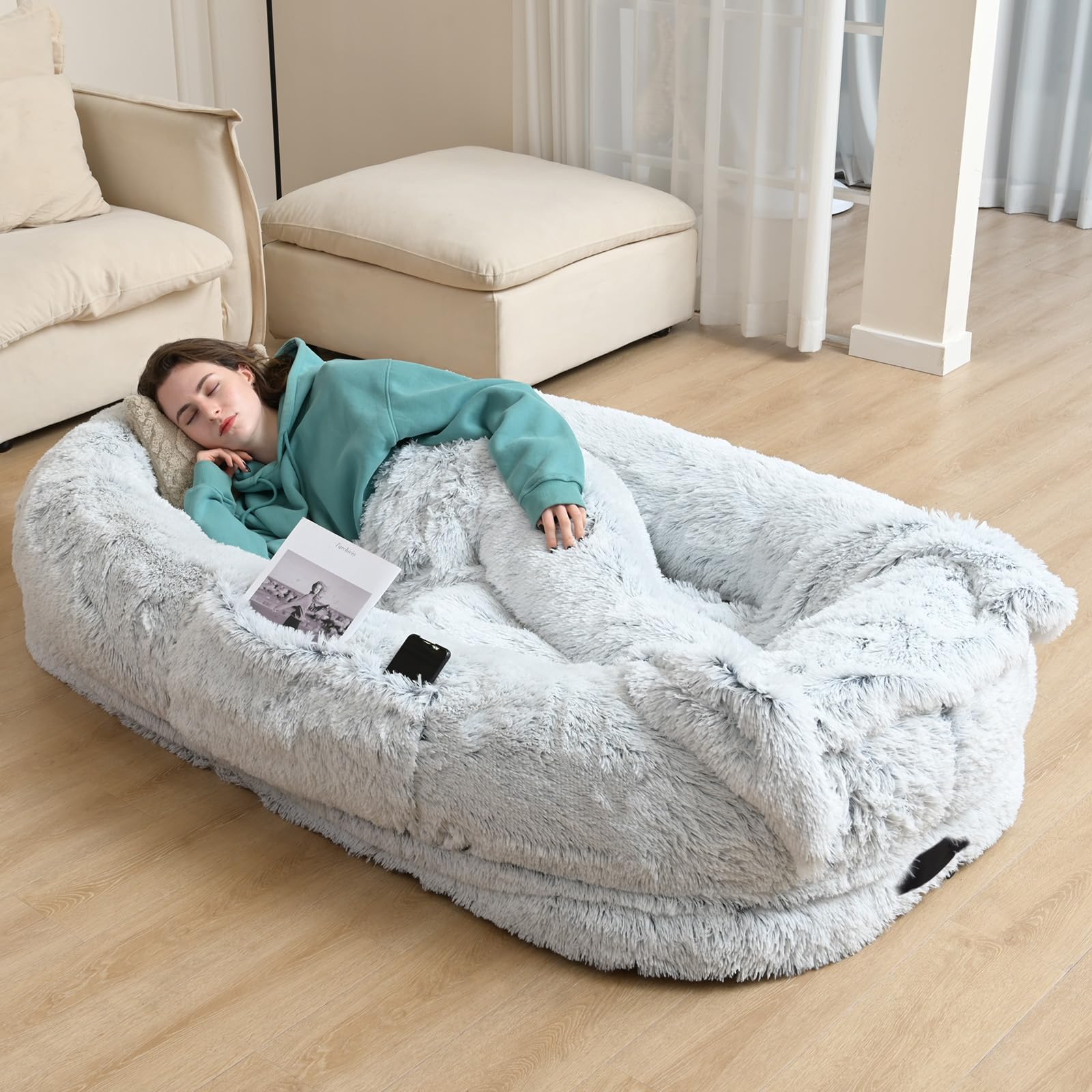 Yaem Human Dog Bed Fits You And Pets For People Doze Off, Washable Faux Fur Napping Orthopedic Dog Bed, Present Plump Pillow, Bl