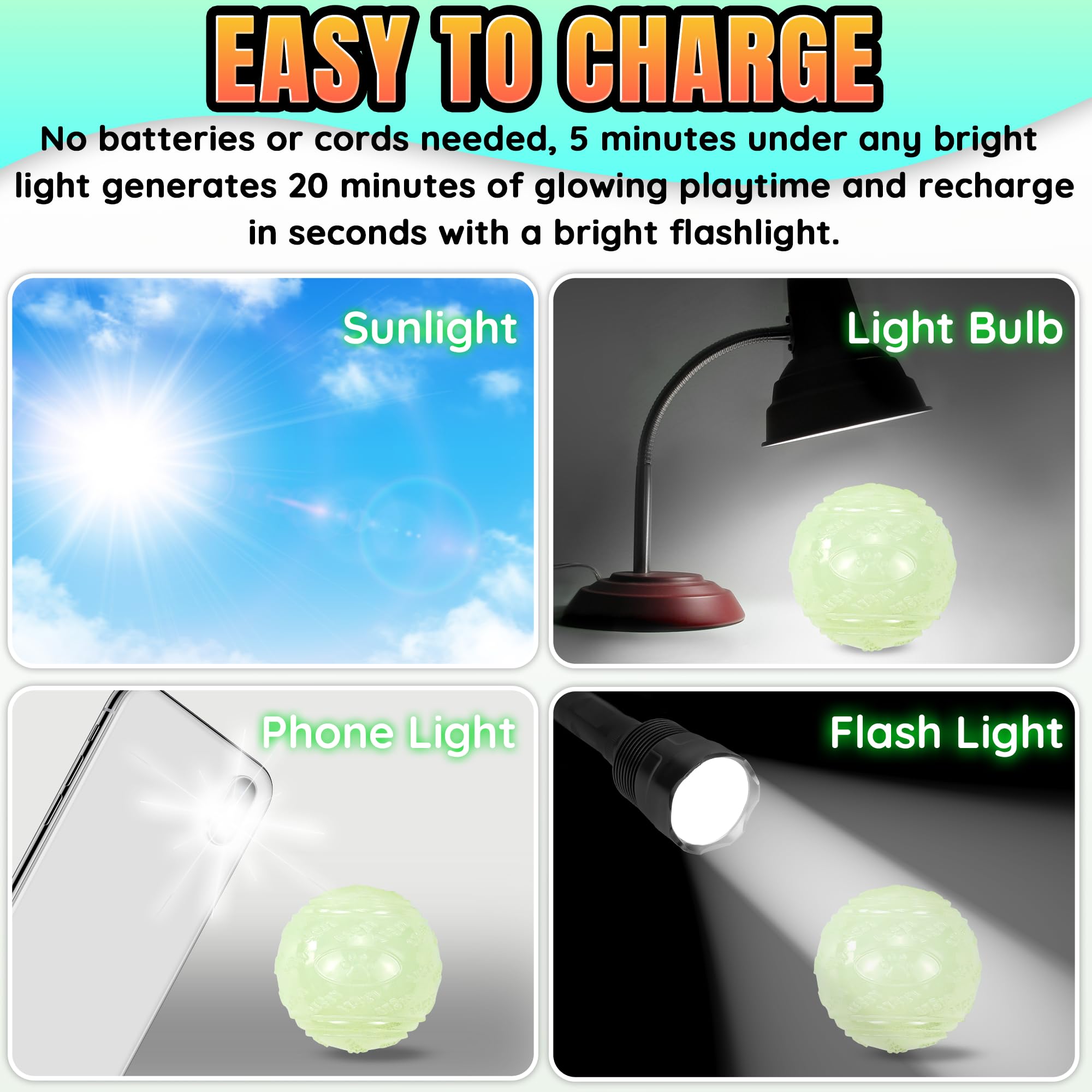 LECHONG Glow Squeaky Dog Balls - 4-Pack 3.5" Bouncy Rubber Fetch Balls for Medium & Large Dogs, Nighttime Play, M4-Glow