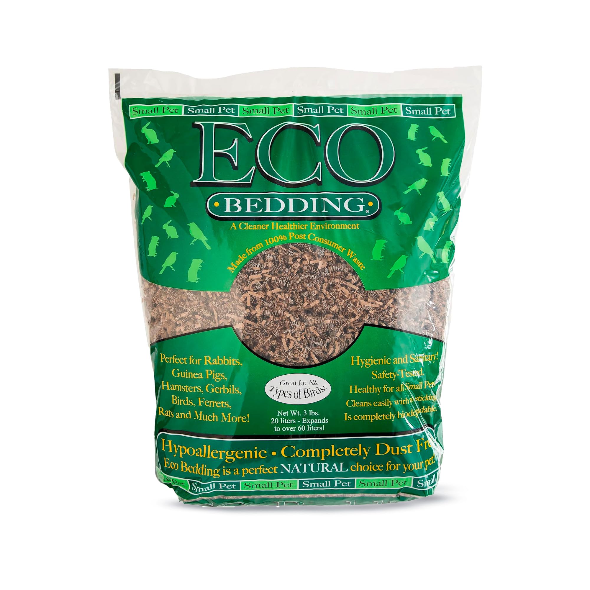 Eco Bedding 99% Dust Free Paper Bedding For Small Pets And Birds, Eco Natural, 3 Lb (Expands To 60 L)