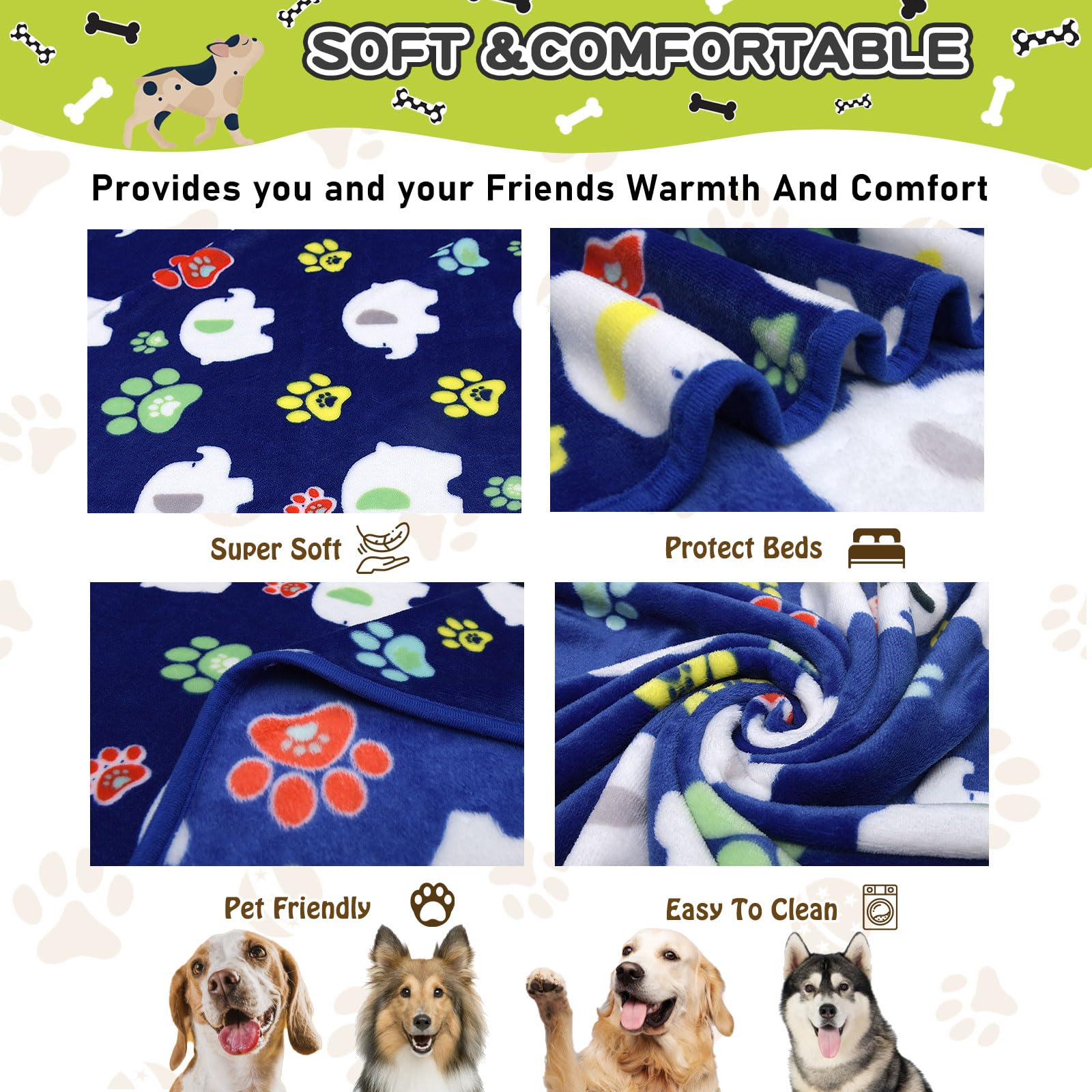 Rezutan Soft Fleece Dog Blanket, 60X50 inches, Blue Elephant Pattern and Paw Prints, Polyester, Breathable, Fade Resistant, Ligh