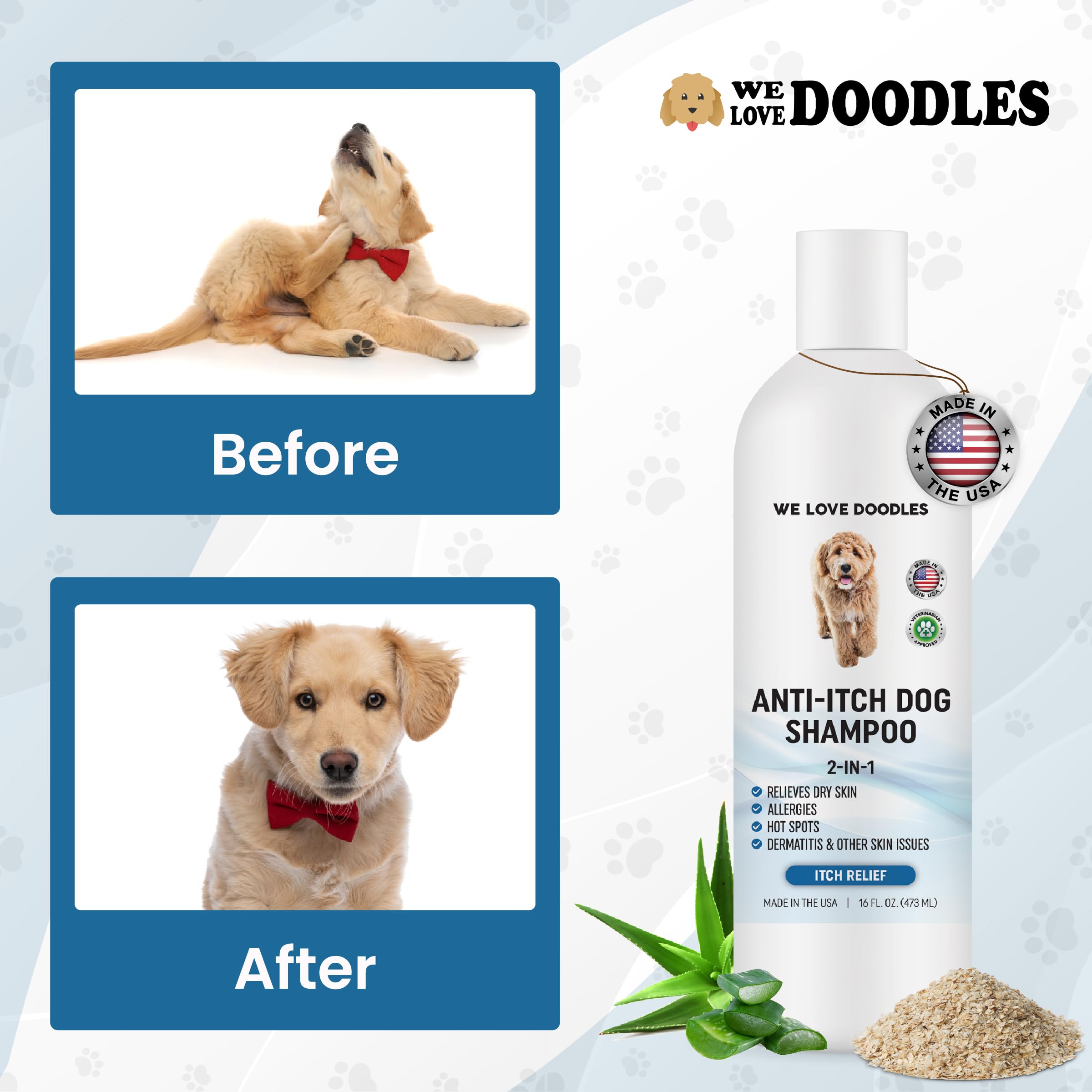 We Love Doodles Premium Anti Itch Dog Shampoo for Sensitive Skin, 16 OZ, Natural Ingredients, Allergy Relief, Made in USA