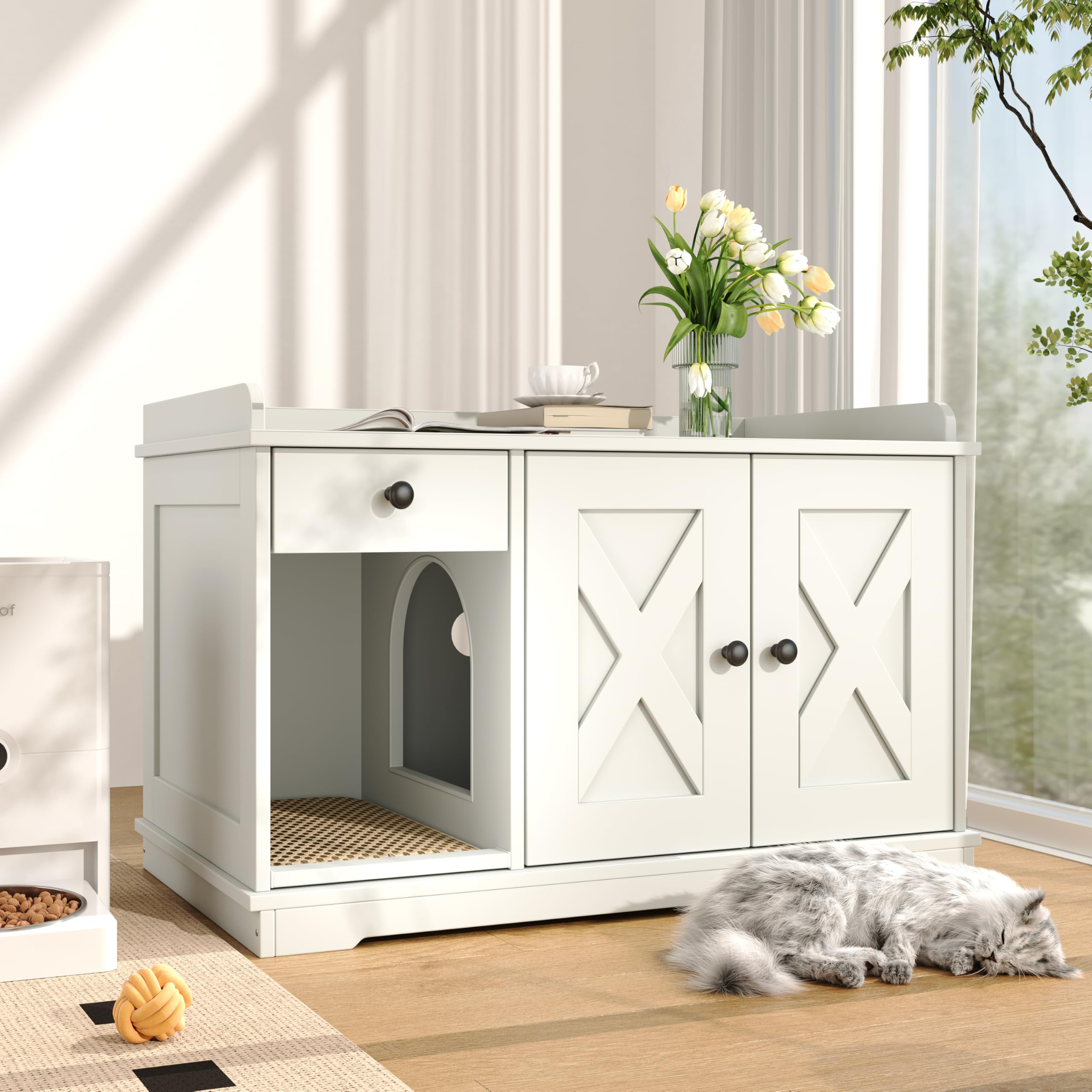 Merax Farmhouse Hidden Cat Litter Box Enclosure with Barn Door & Mat, Wooden Cat Washroom Furniture with Litter Box,Cat House wi