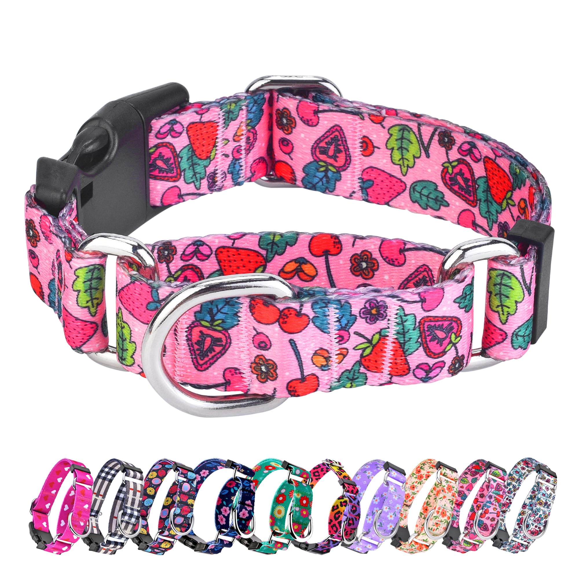 Hikiko Summer Dog Collar For Small Medium Large Dogs, Adjustable Nylon Fruit Pattern Martingale Collars With Quick Release Buckl