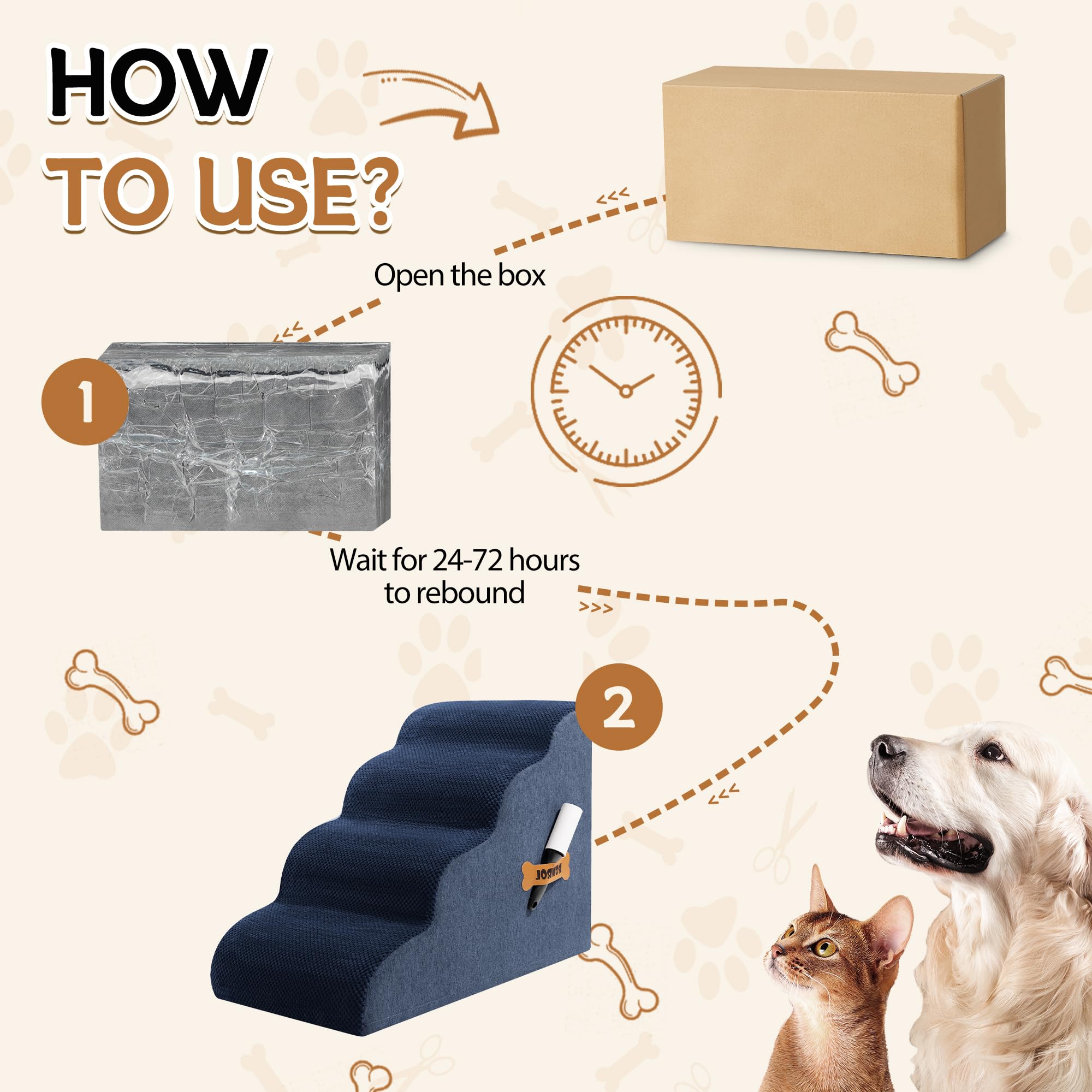 Dog Stairs, Romrol Dog Steps Ramp for High Bed and Couch, Dogs Ramp with Durable Non-Slip Waterproof Fabric Cover, Pet Stairs fo