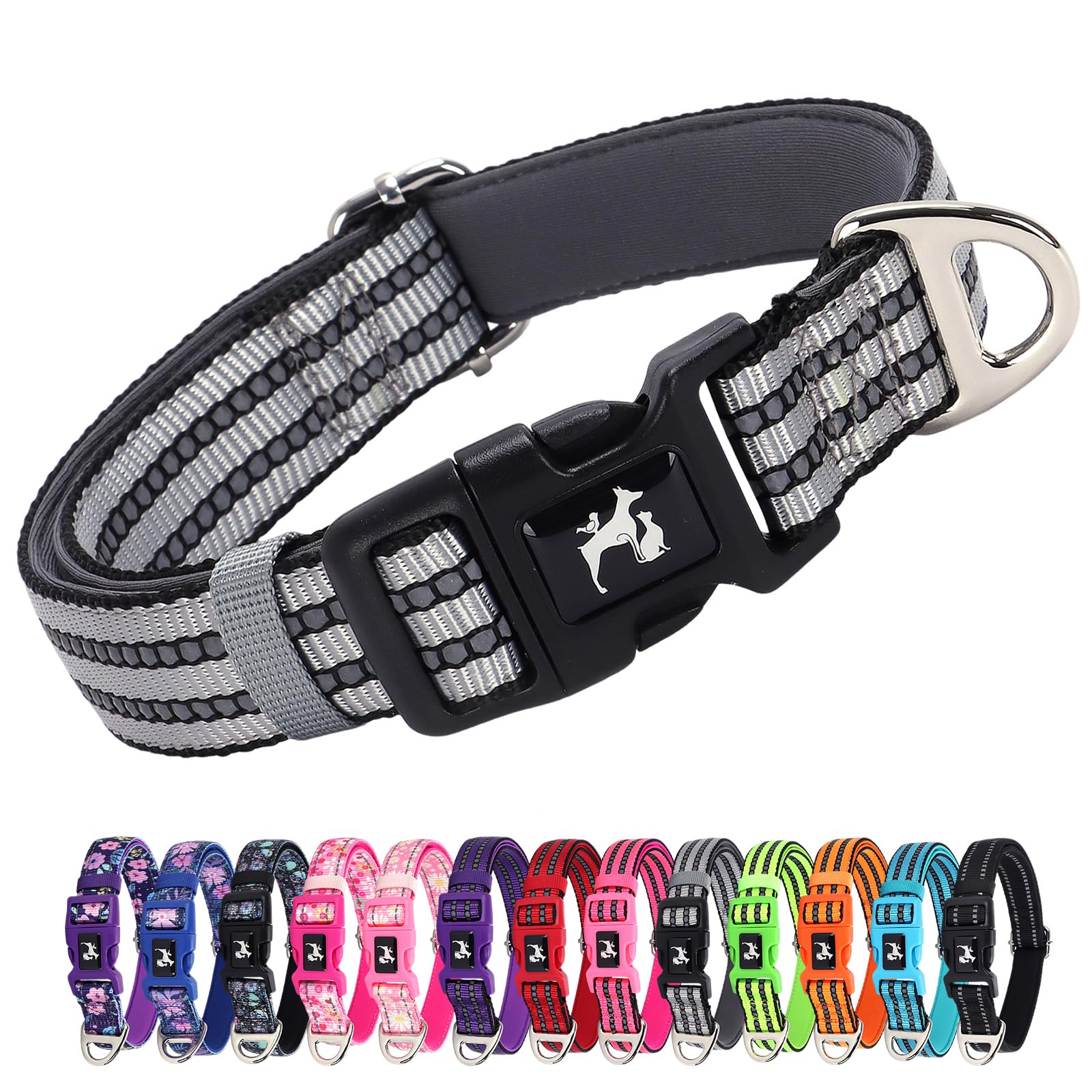 Maowuwujoz Reflective Dog Collar With Soft Neoprene Padded, Adjustable Breathable Nylon Pet Collar For Large Dogs (Silver L)