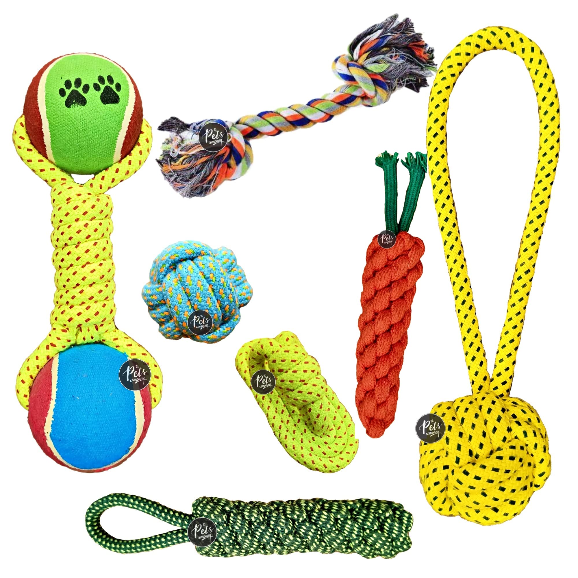 The Pets Company Dog Chew Toys for Puppy Teething & Training (Ball + Dummy + Carrot + 2 Knot + Tennis Dumbell + Tug + Slipper), 