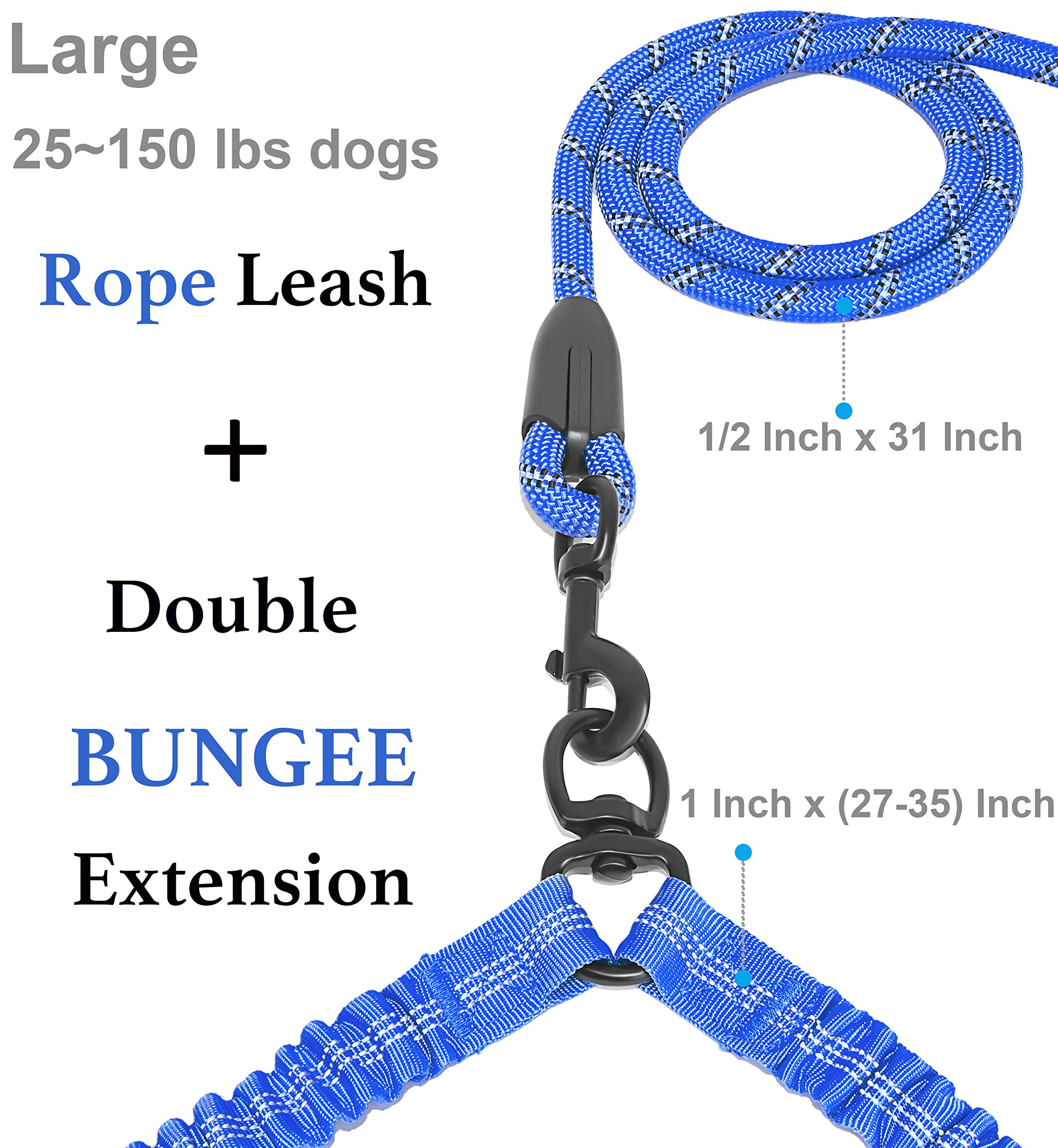 Iyoshop Dual Dog Leash, Double Dog Leash, 360 Swivel No Tangle Walking Leash, Shock Absorbing Bungee For Two Dogs, Royal Blue, Large (25-150 Lbs)