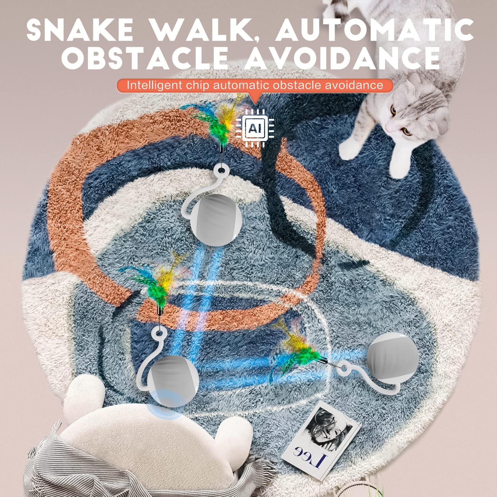 Aaa Amusang Interactive Cat Ball Toy And Feather Toys Refills For Indoor Cats, Automatic Cat Enrichment Toys - Grey