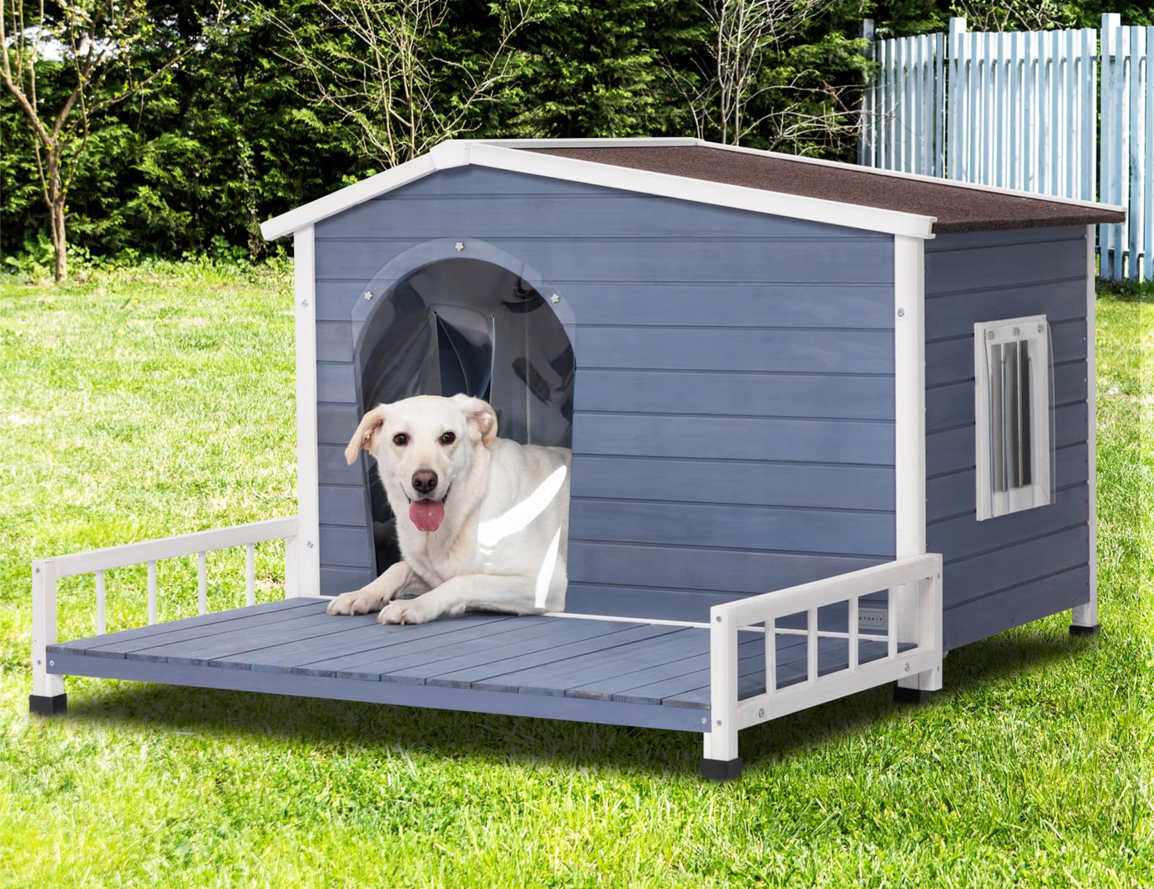 Petsfit Large Dog House With Terrace & Openable Asphalt Roof, 45' L X 54' W X33 H, Xl Dog House Outdoor With Elevated Floor, Window & Door Flap, Outdoor Dog House For Large Dogs