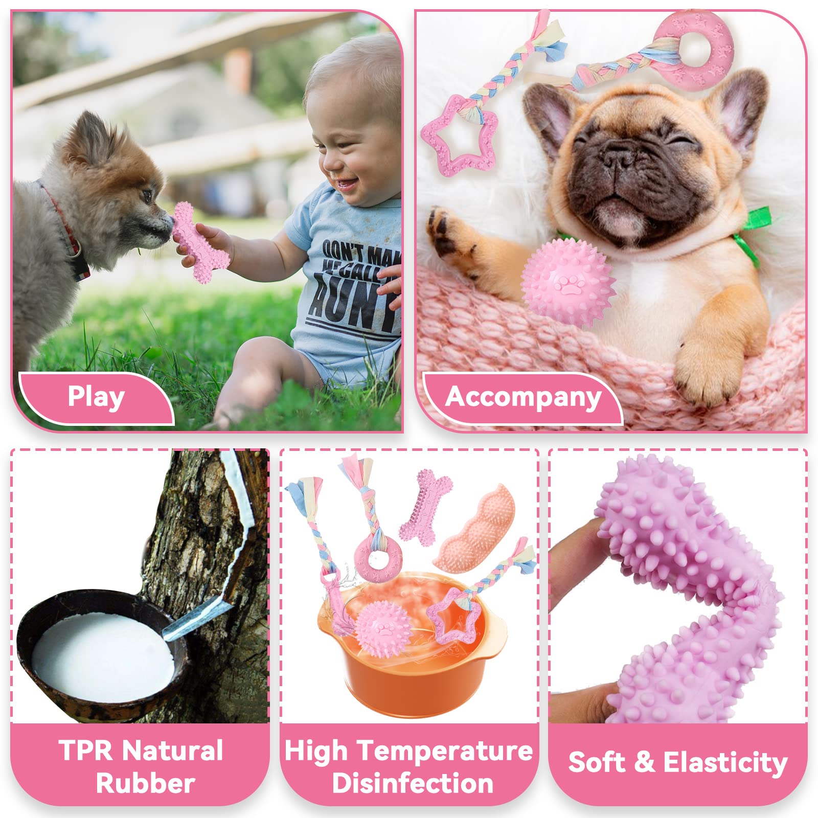 Petcare 6 Pack Puppy Chew Toys For Teething Cute Pink Puppy Toys Small Dog Toys Soft Rubber Rope Dog Toys Funny Bone Ball Cleani