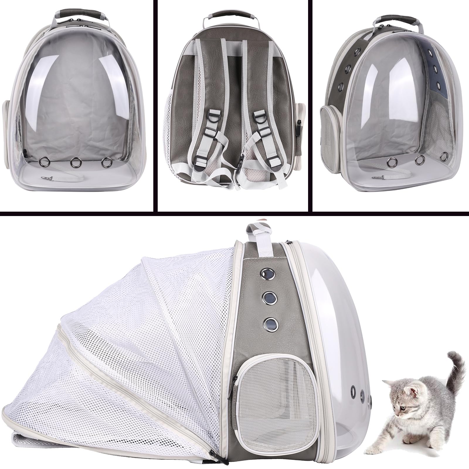 Expandable Pet Carrier Backpack For Cat And Small Dogs, Vented Transparent Space Capsule Astronaut Bubble Window, Pu Leather Gre