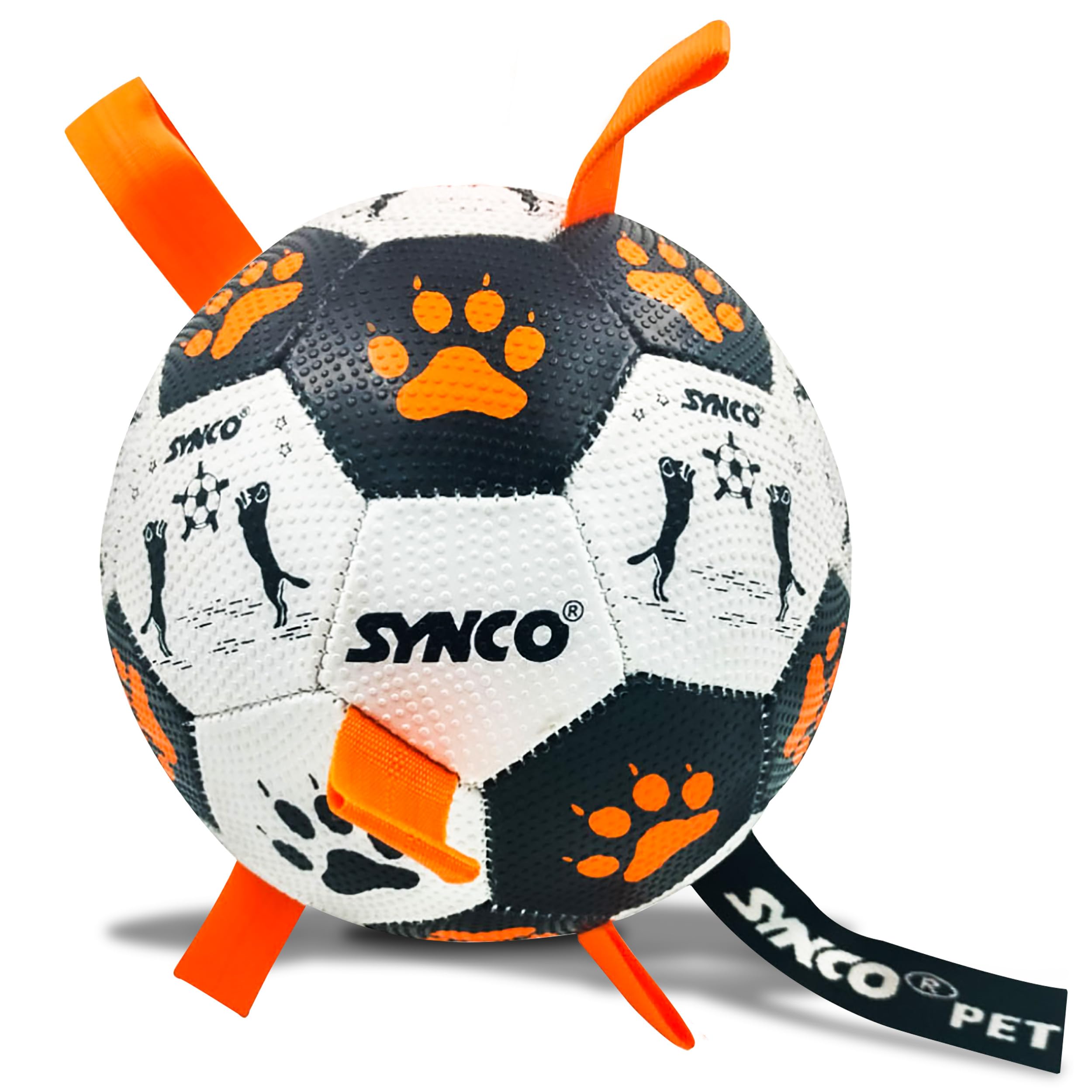 Synco Dog Football Graphic Orange with Orange Holding Loops, Durable Rubber Dog Ball Toy for Tug, Fetch & Training, Interactive 
